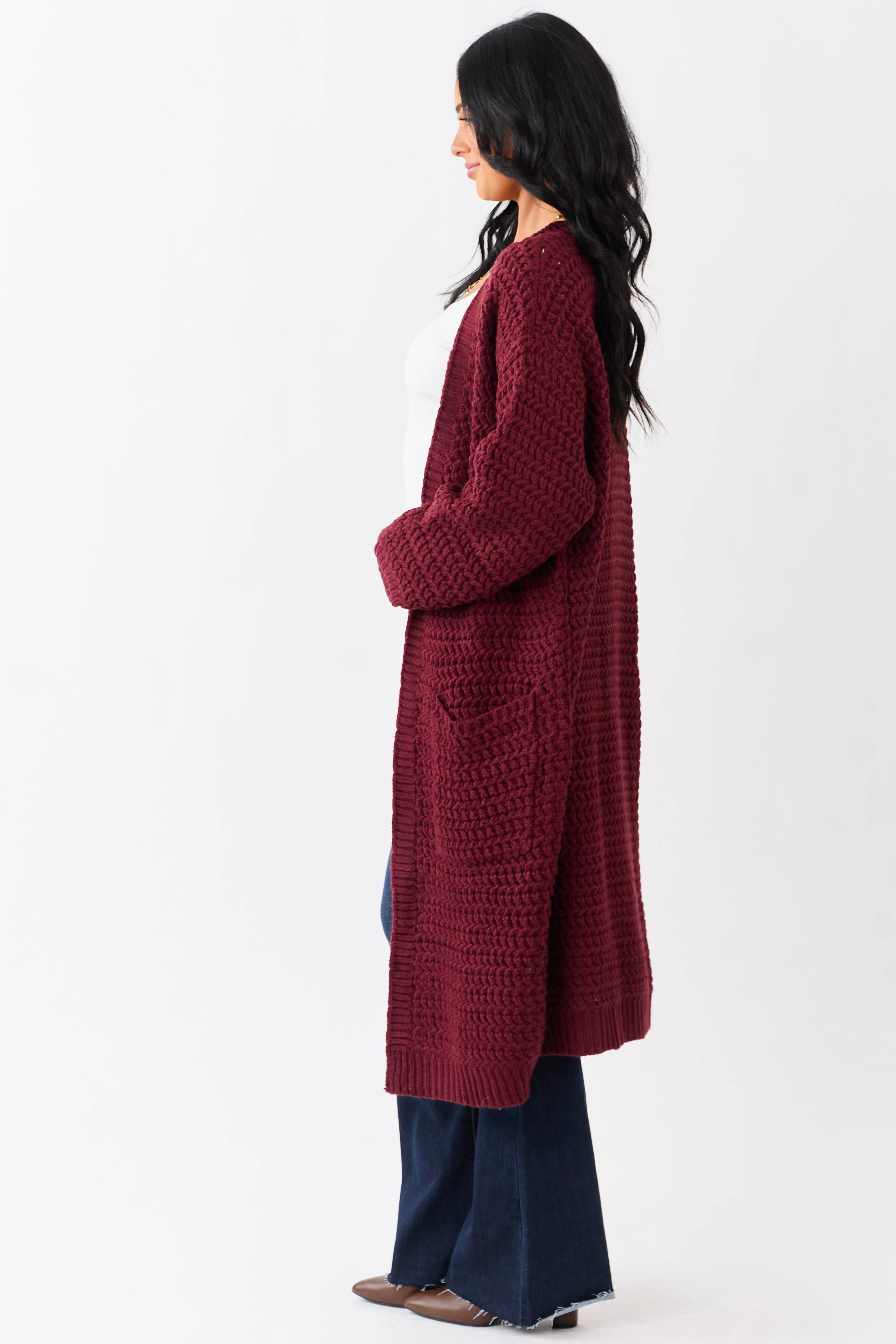 Lovelo Wine Waffle Knit Open Front Duster Cardigan sold by Lime Lush product image thumbnail 4