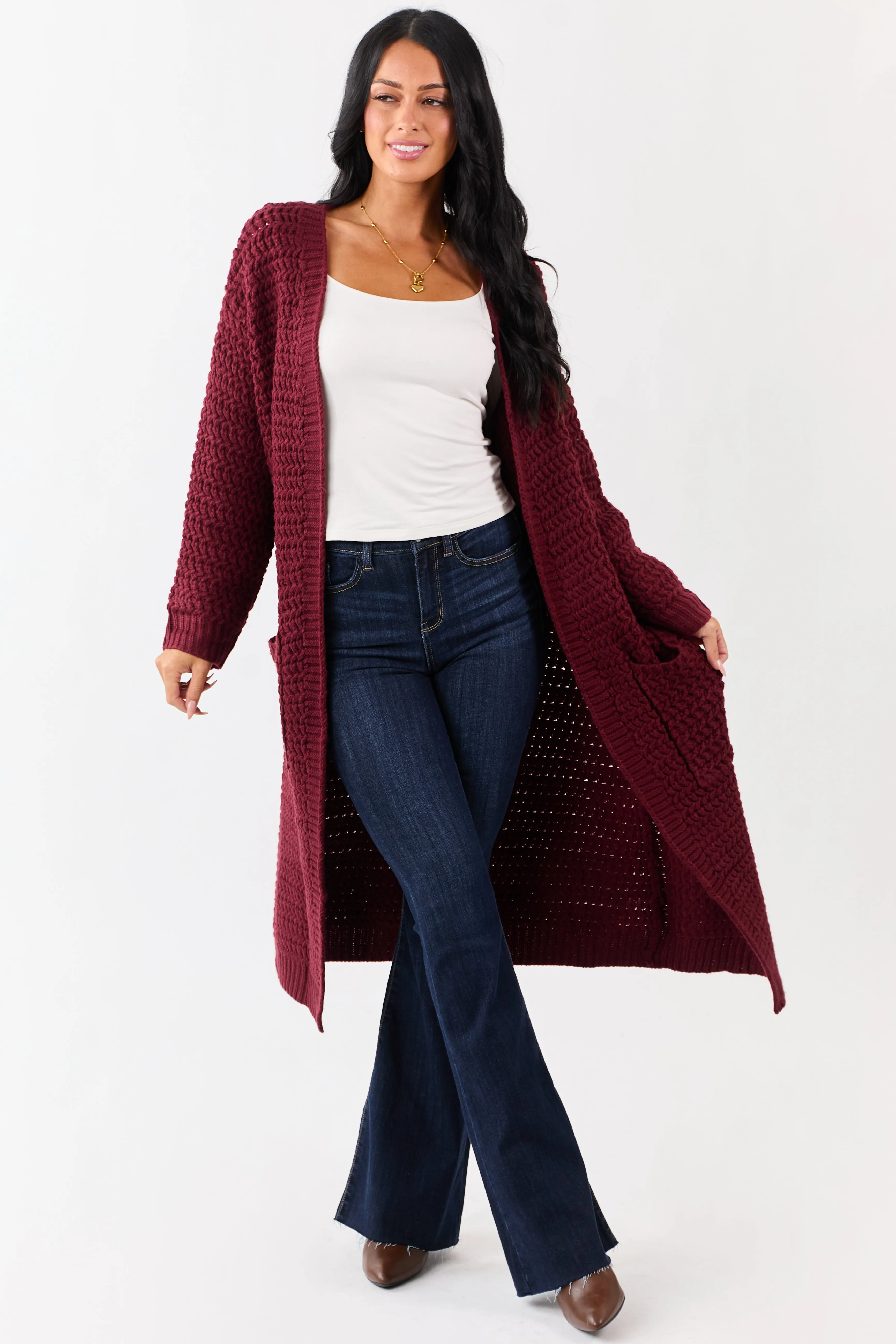 Lovelo Wine Waffle Knit Open Front Duster Cardigan sold by Lime Lush product image thumbnail 2