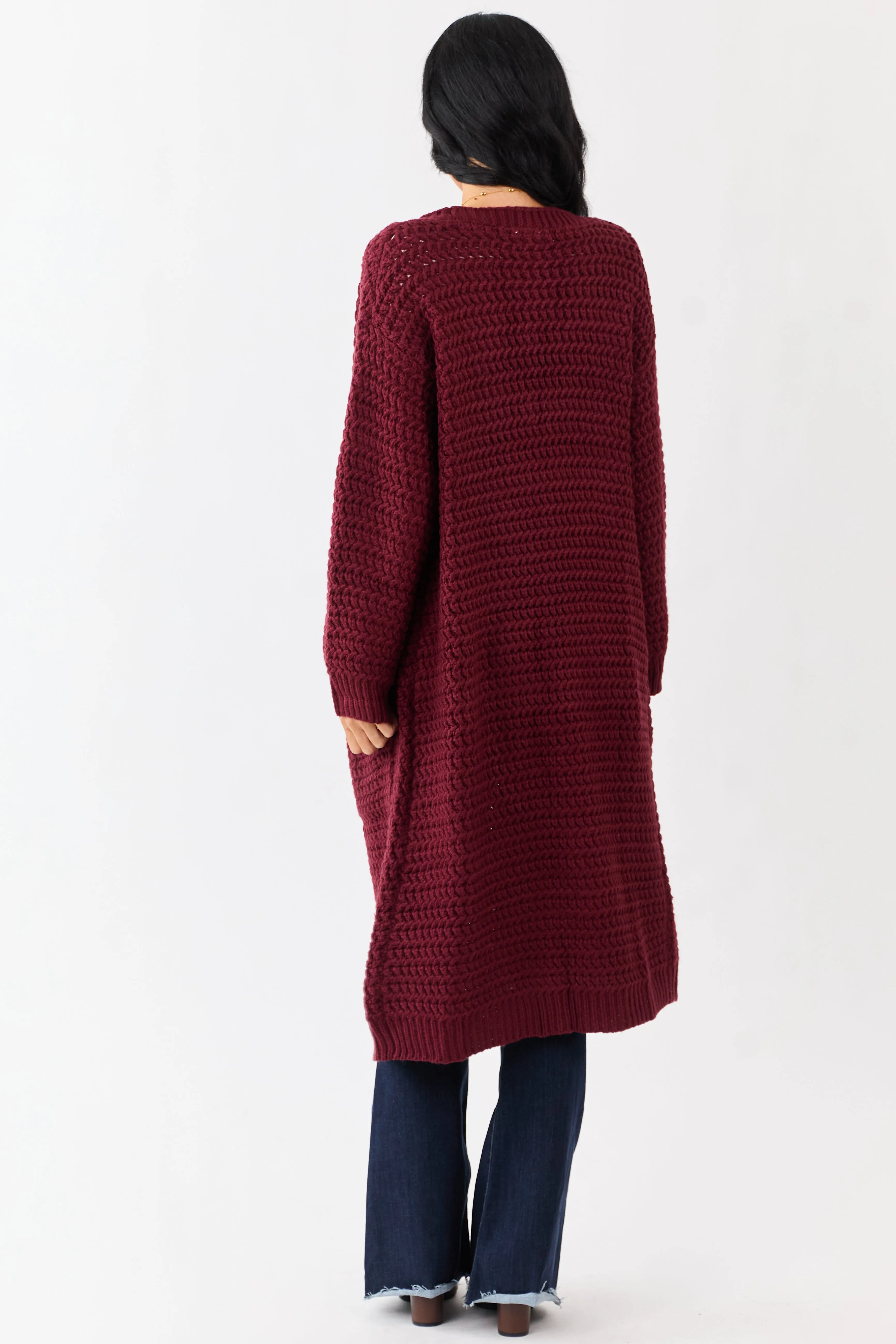Lovelo Wine Waffle Knit Open Front Duster Cardigan sold by Lime Lush product image thumbnail 5