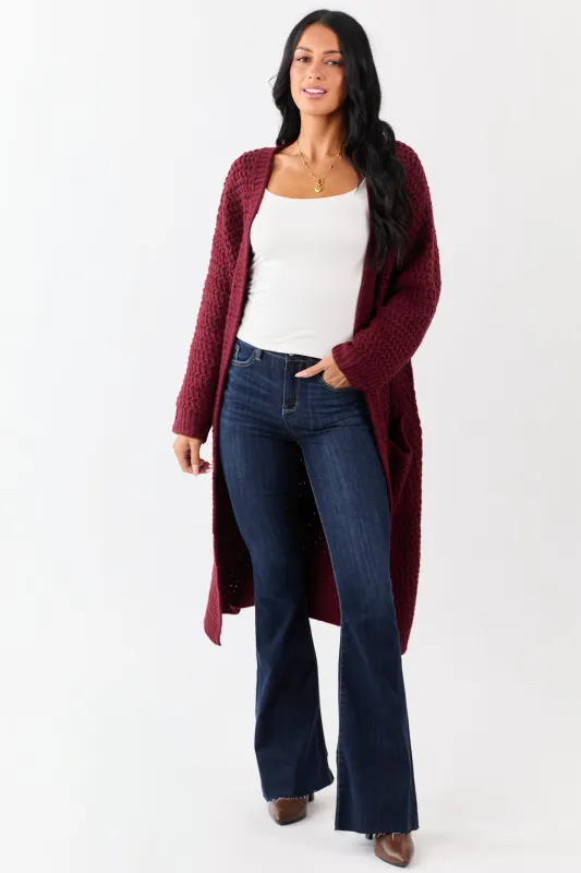 Lovelo Wine Waffle Knit Open Front Duster Cardigan sold by Lime Lush