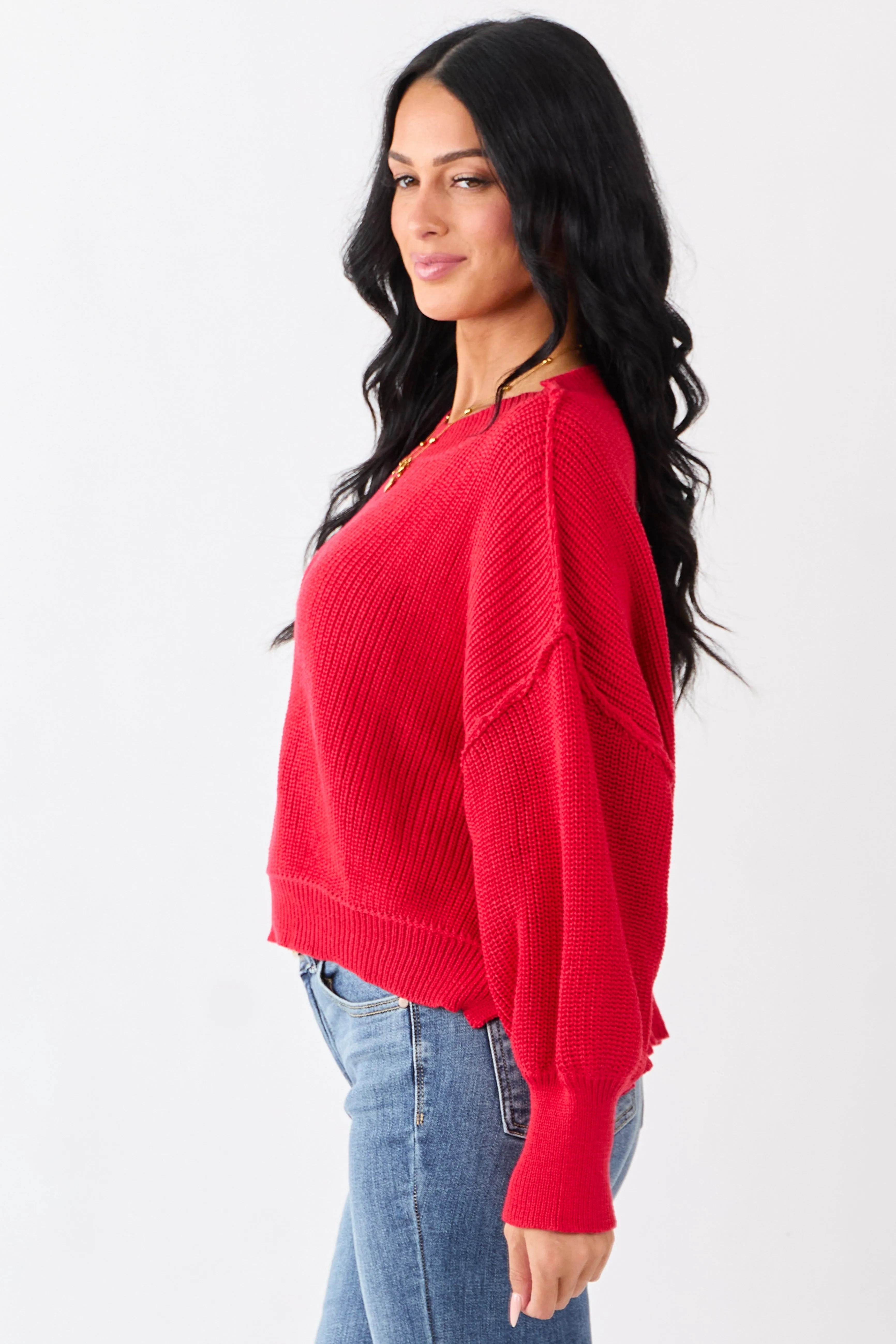 Lipstick Rib Knit High-Low Hem Balloon Sleeve Sweater sold by Lime Lush product image thumbnail 4