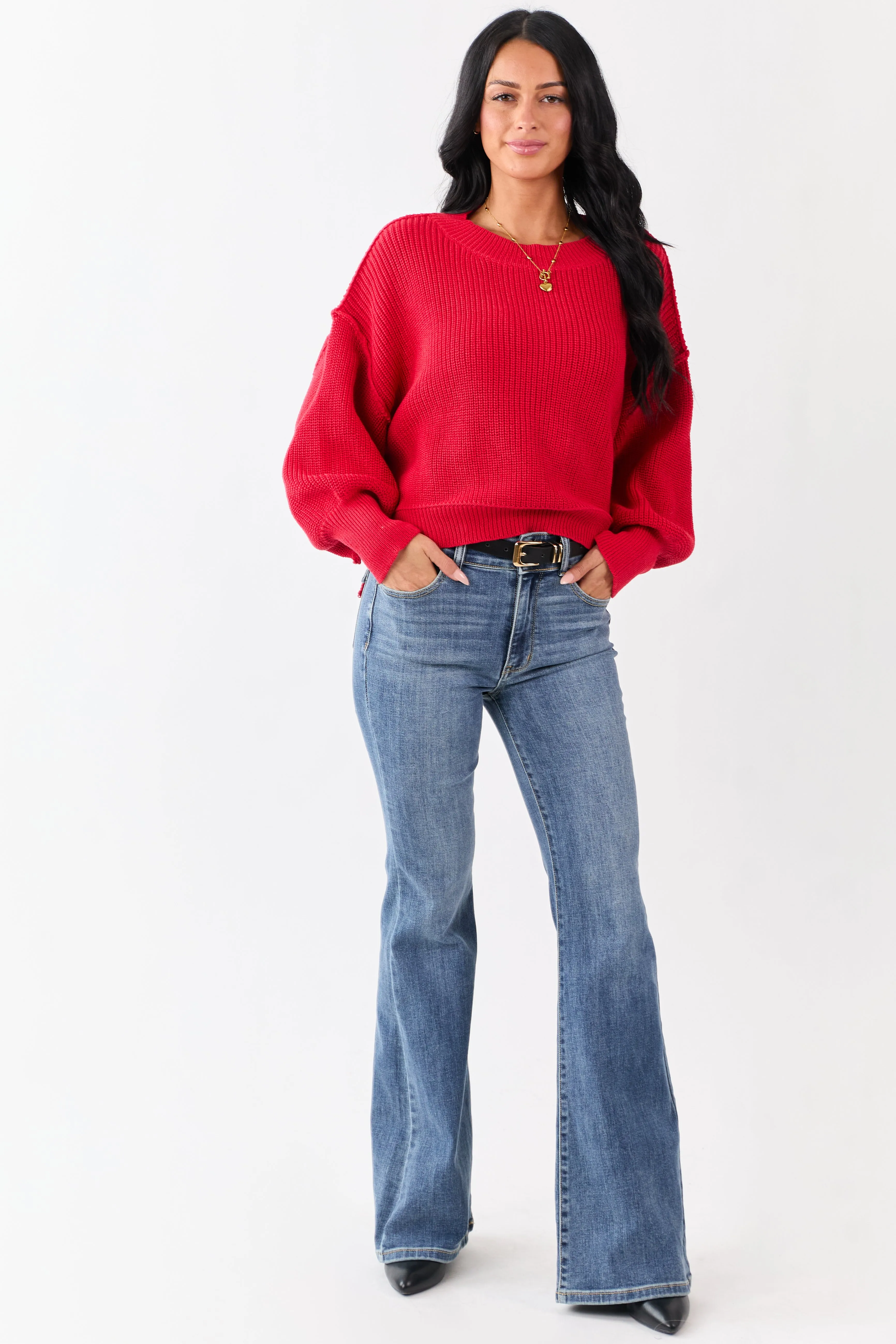 Lipstick Rib Knit High-Low Hem Balloon Sleeve Sweater sold by Lime Lush product image thumbnail 2