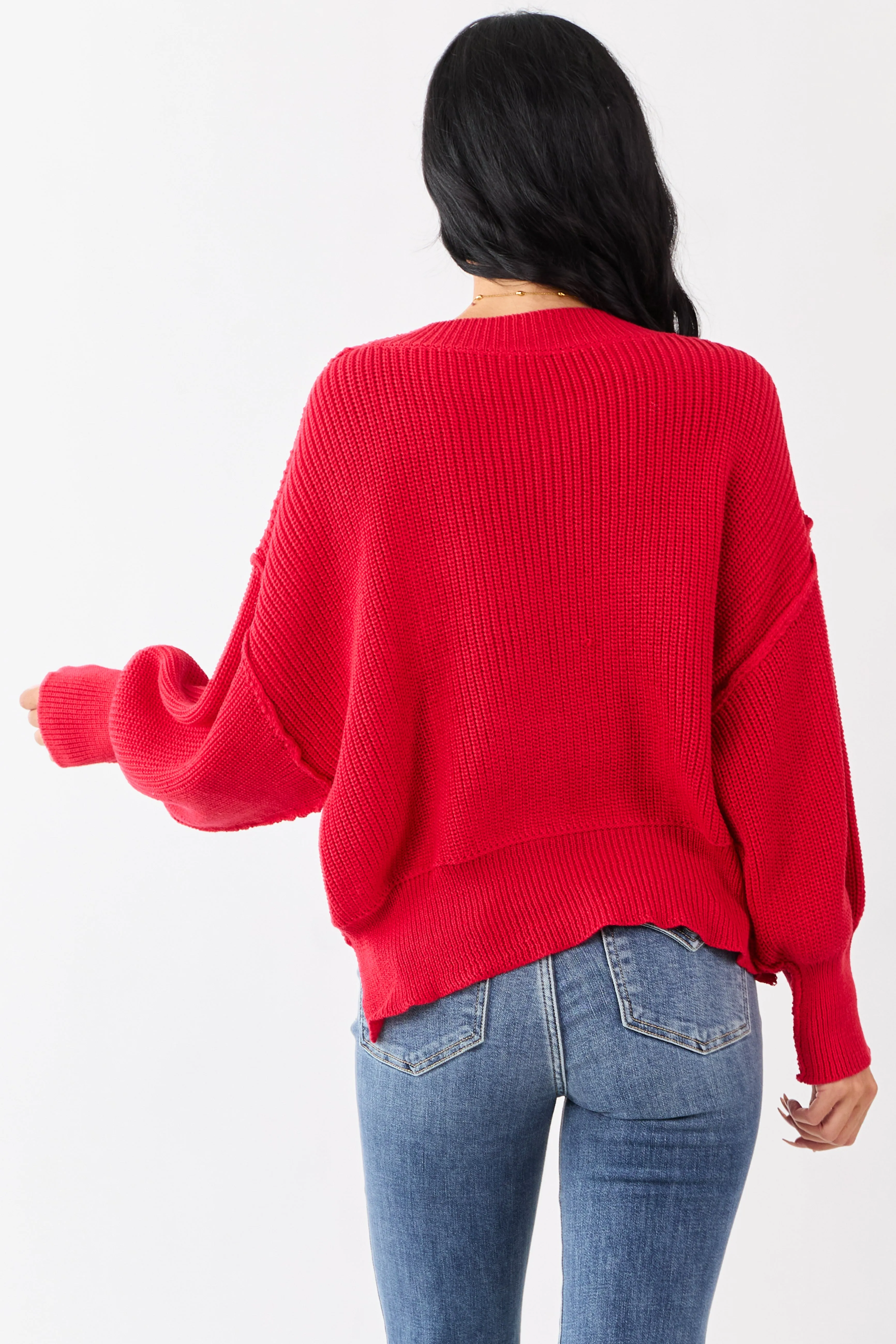 Lipstick Rib Knit High-Low Hem Balloon Sleeve Sweater sold by Lime Lush product image thumbnail 5
