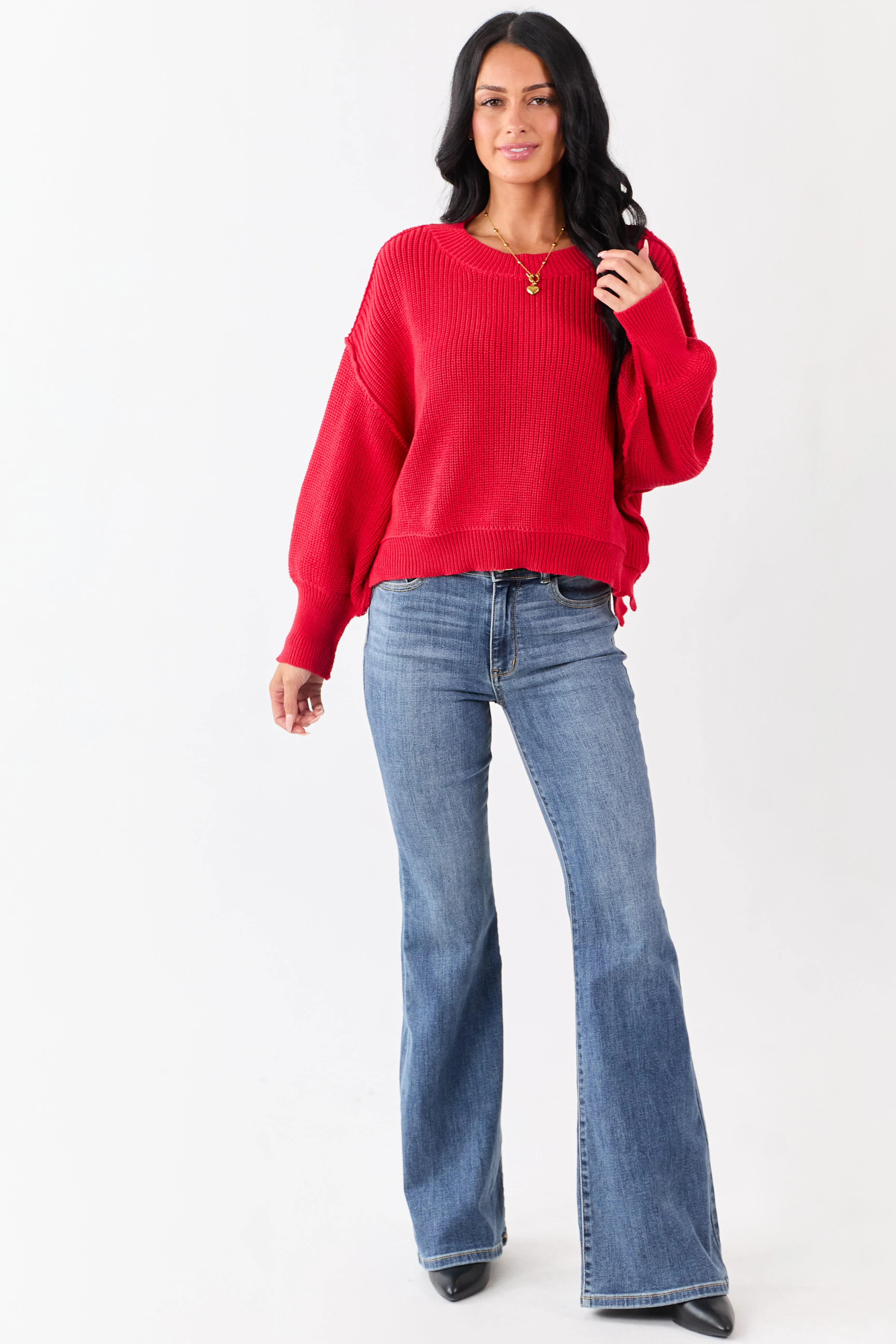 Lipstick Rib Knit High-Low Hem Balloon Sleeve Sweater sold by Lime Lush product image thumbnail 3