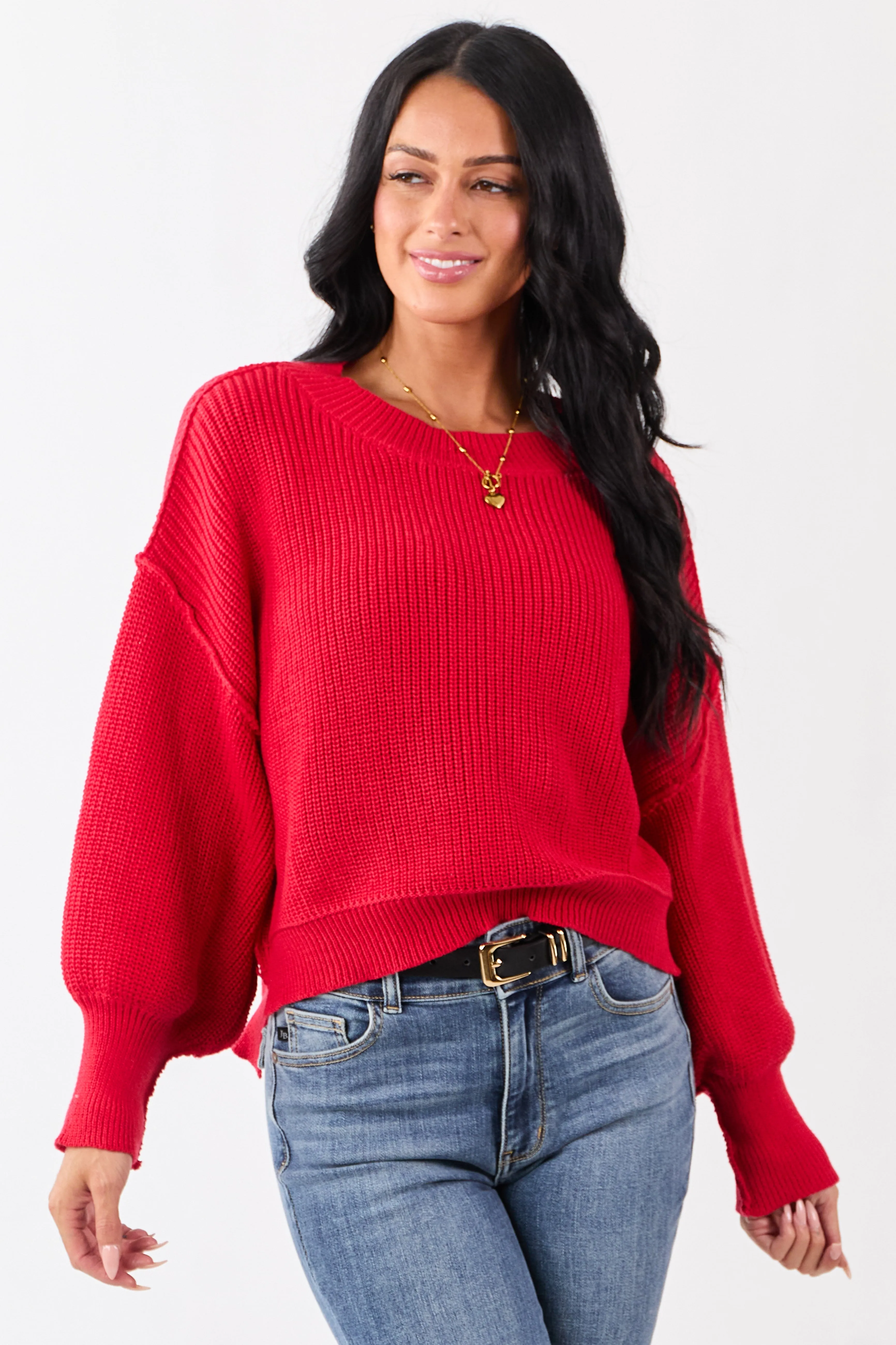 Lipstick Rib Knit High-Low Hem Balloon Sleeve Sweater sold by Lime Lush