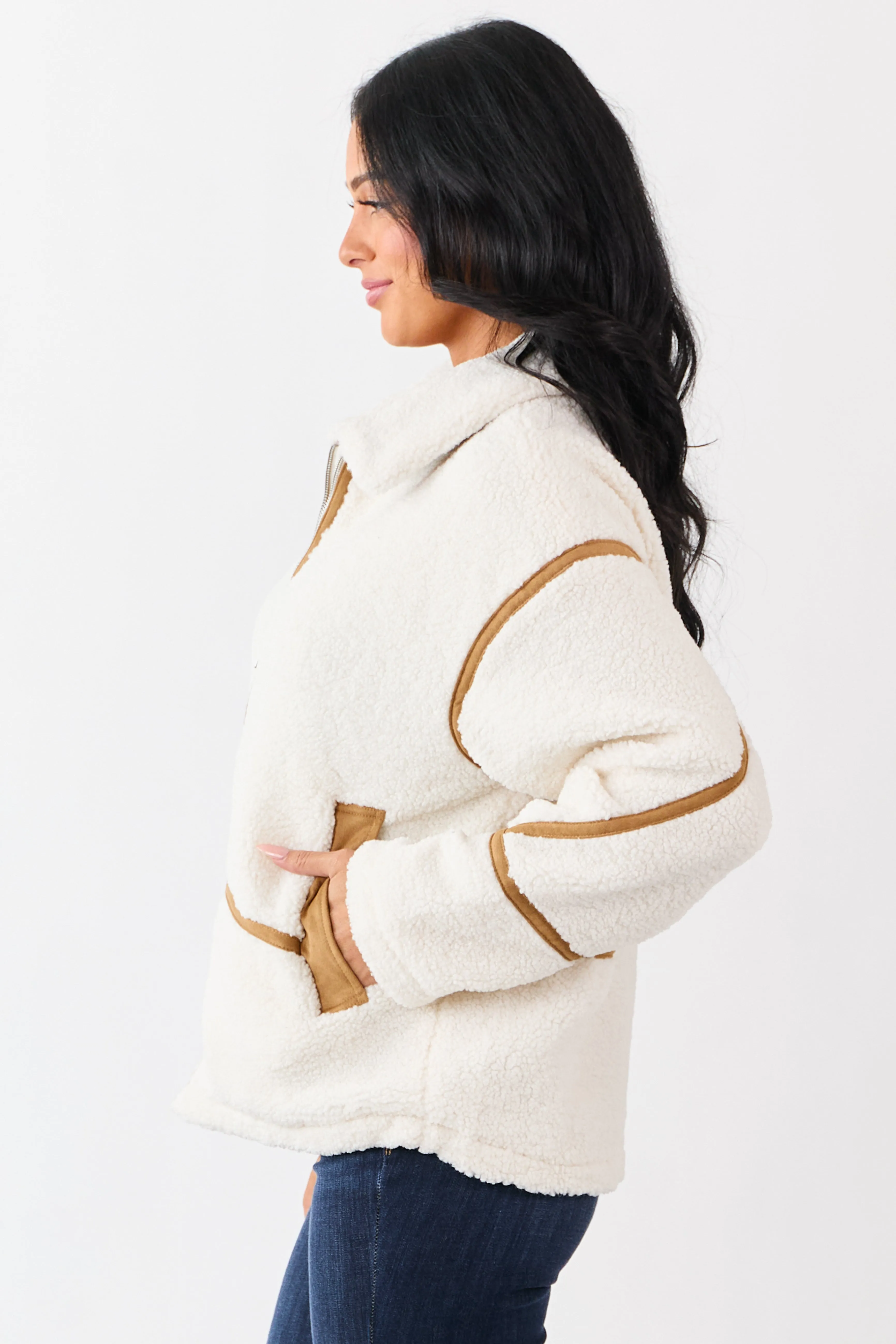 Cream Sherpa Faux Suede Contrast Zip Up Jacket sold by Lime Lush product image thumbnail 4