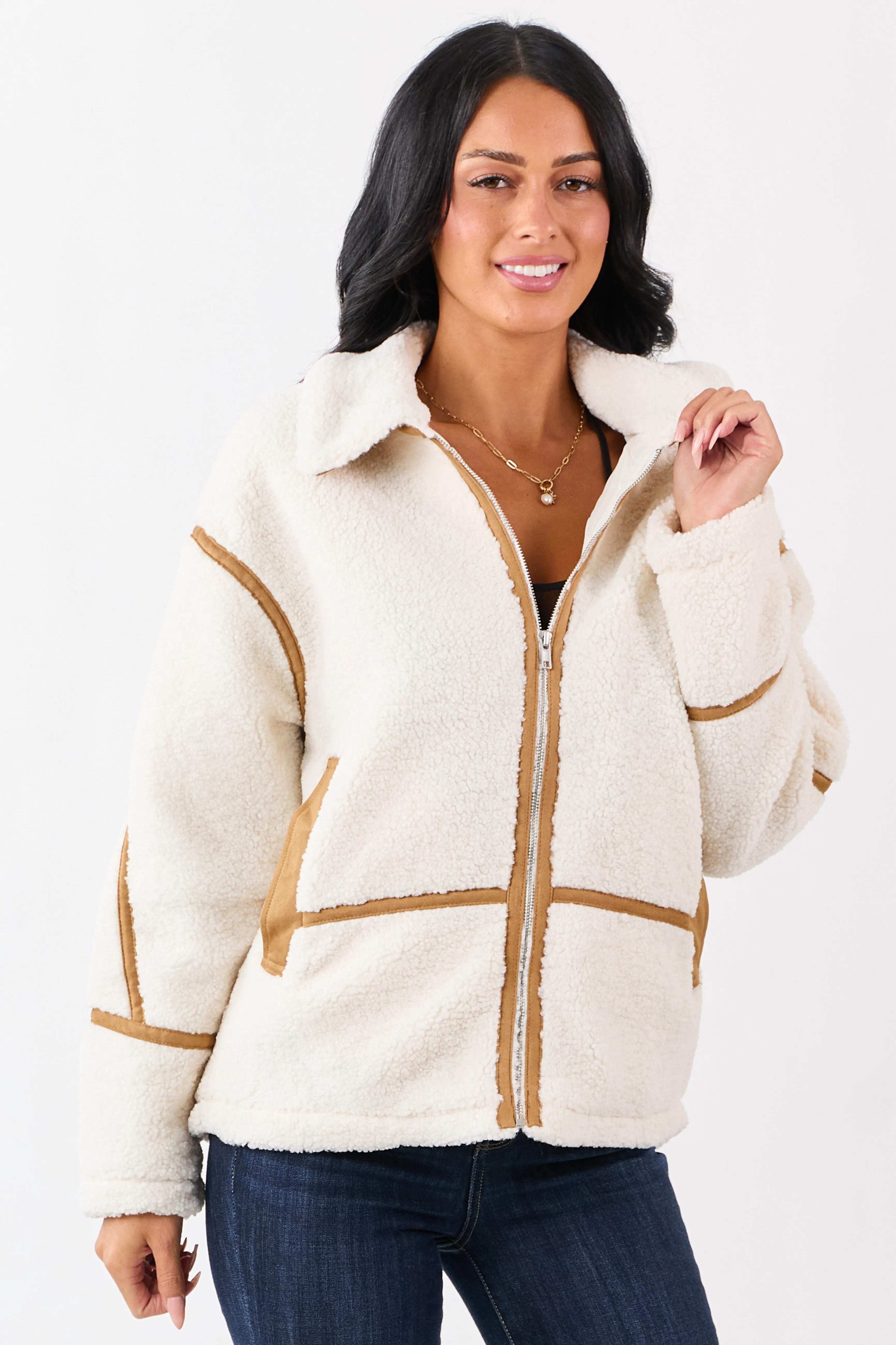 Cream Sherpa Faux Suede Contrast Zip Up Jacket sold by Lime Lush