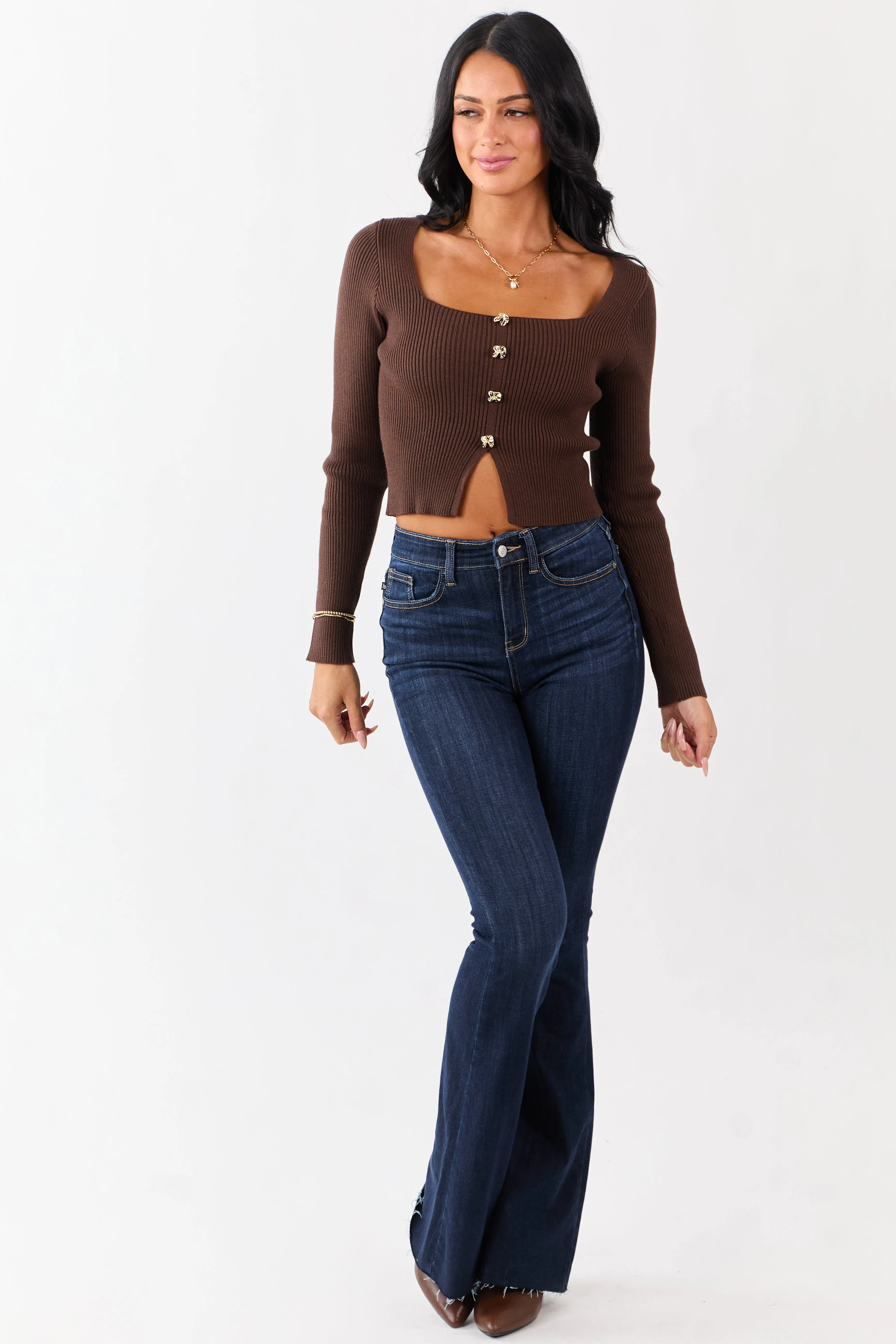 Cocoa Square Neck Faux Button Front Sweater Top sold by Lime Lush product image thumbnail 3