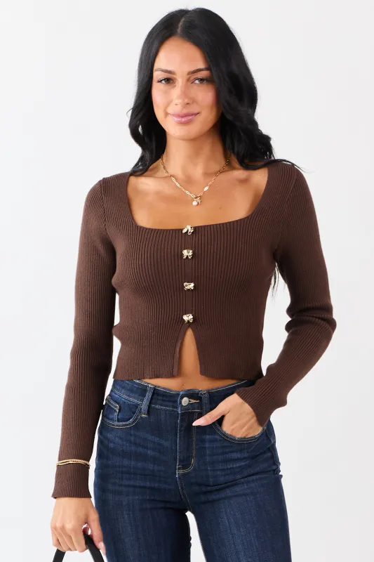 Cocoa Square Neck Faux Button Front Sweater Top sold by Lime Lush