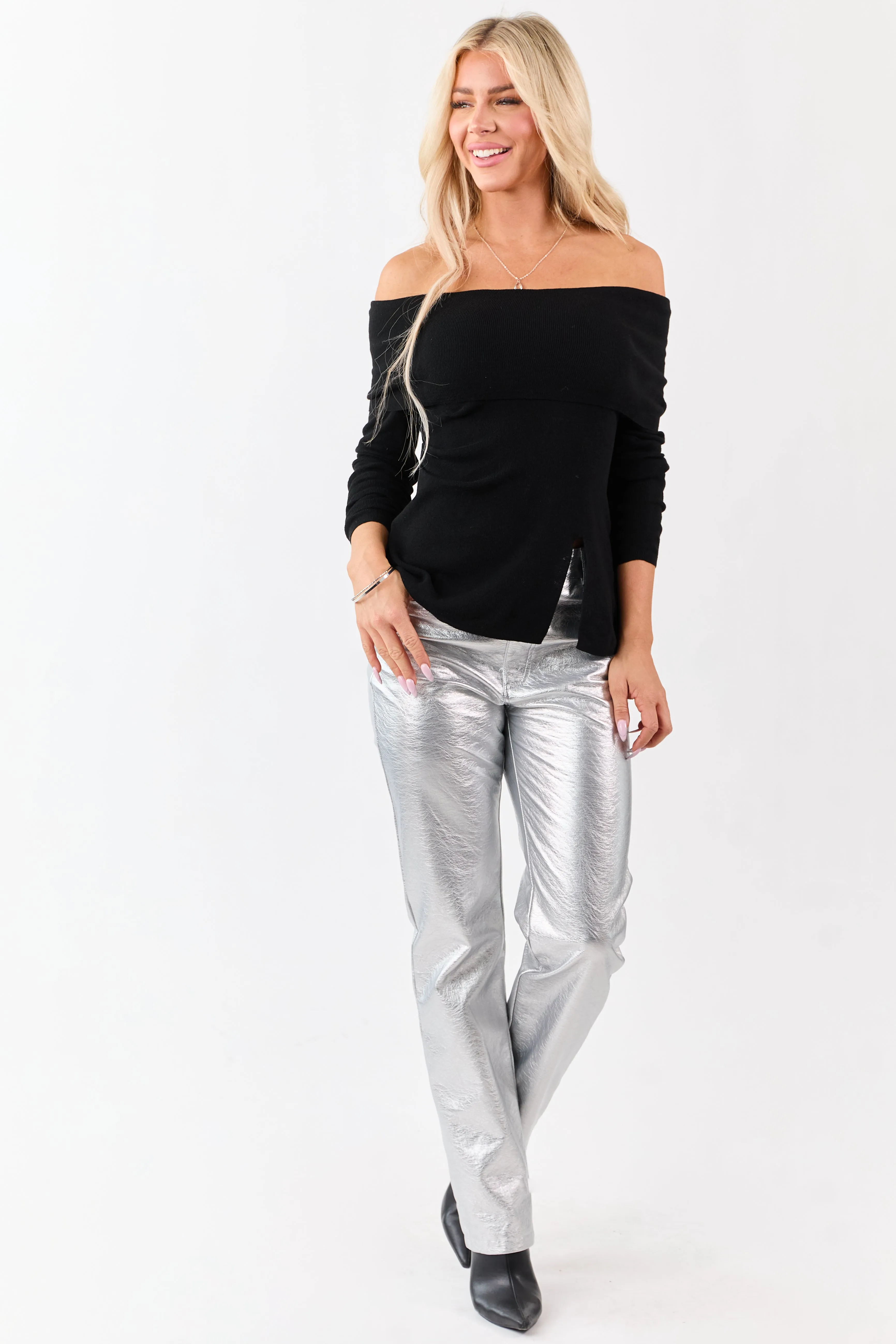 Black Off Shoulder Wool Blend Side Slit Knit Top sold by Lime Lush product image thumbnail 3