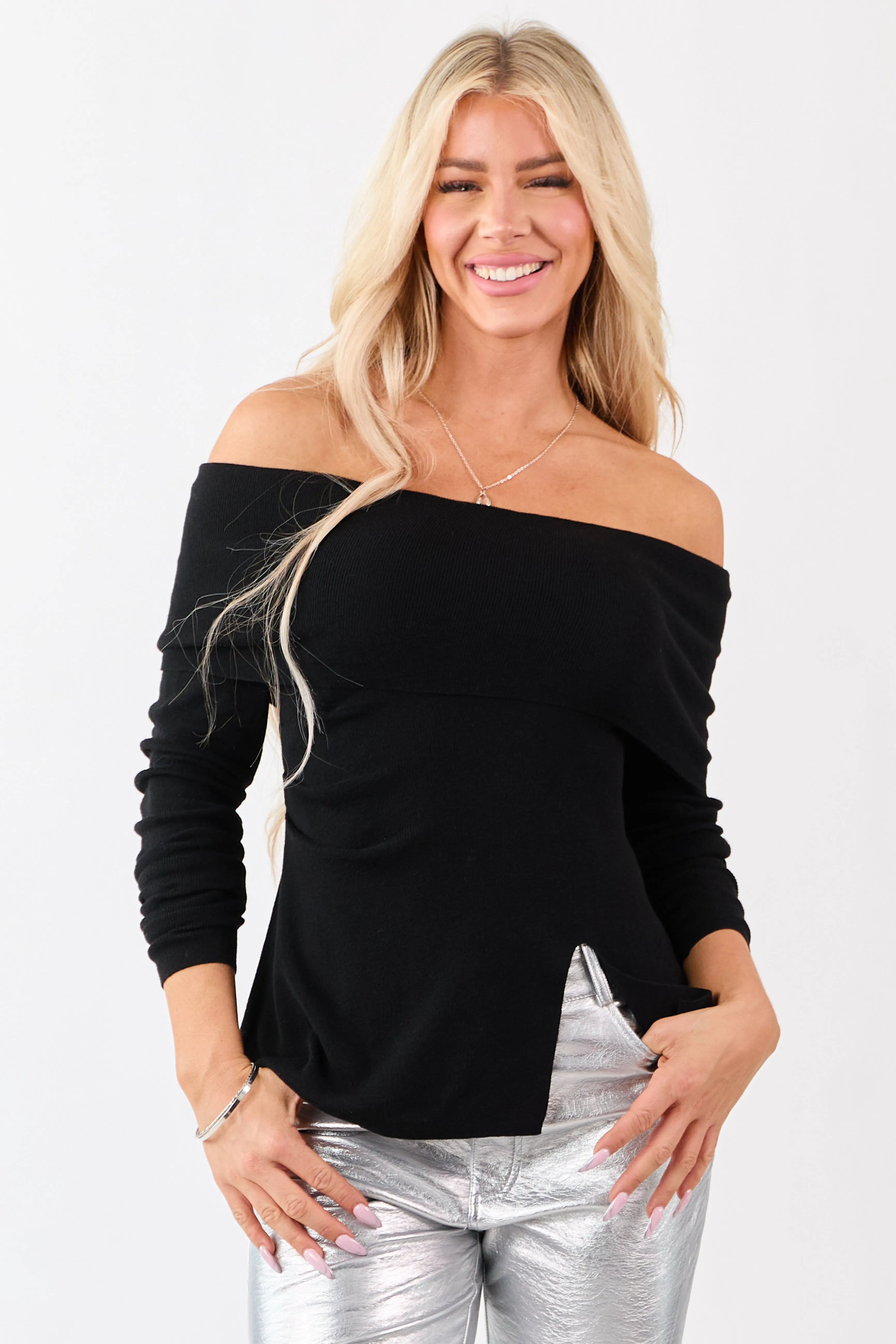 Black Off Shoulder Wool Blend Side Slit Knit Top sold by Lime Lush