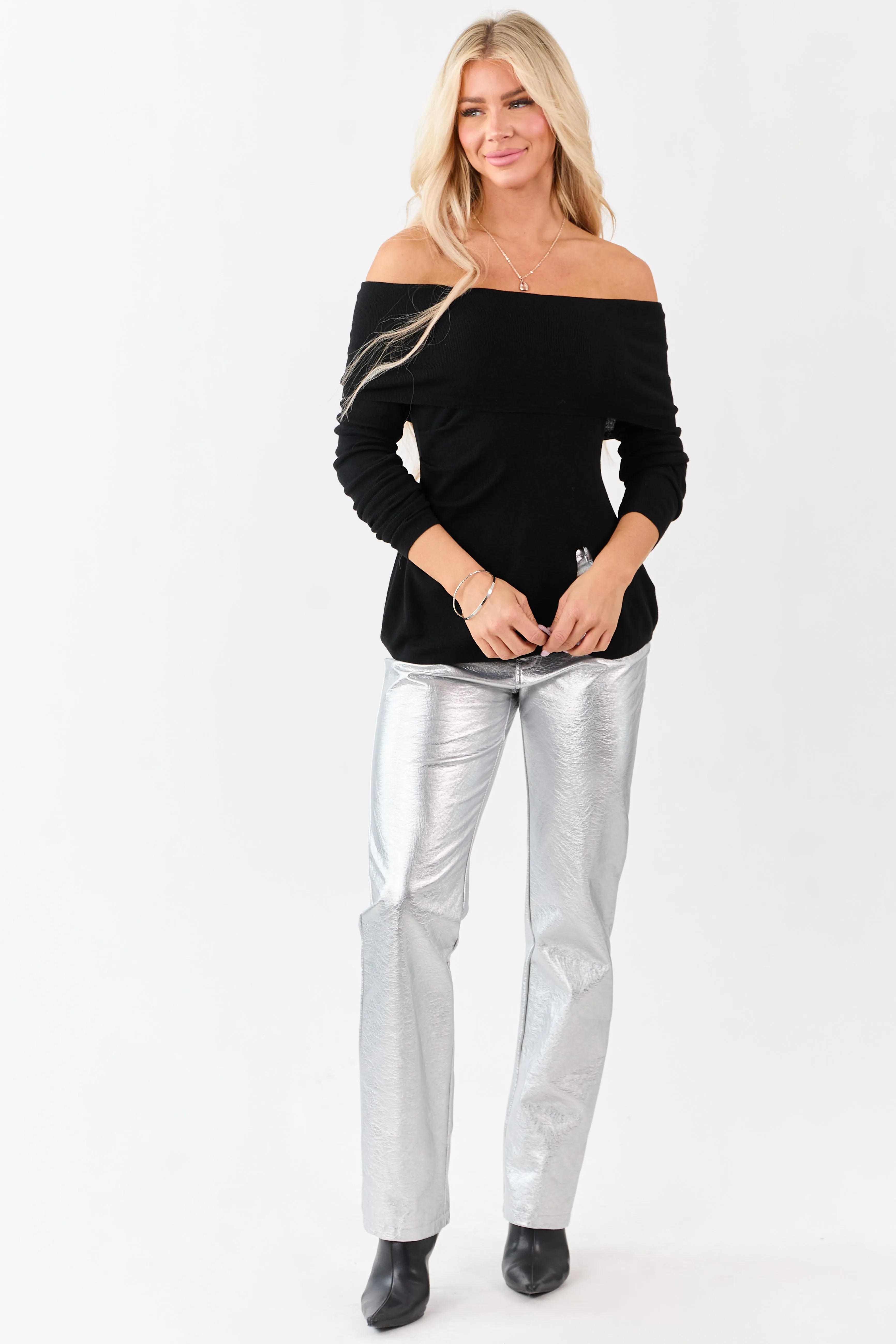 Black Off Shoulder Wool Blend Side Slit Knit Top sold by Lime Lush product image thumbnail 2