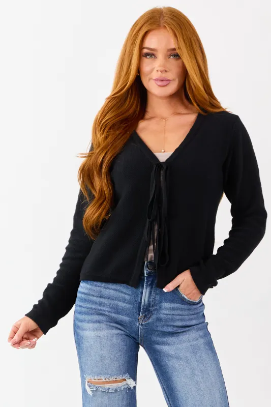 Black Cotton Front Tie Long Sleeve Cardigan sold by Lime Lush