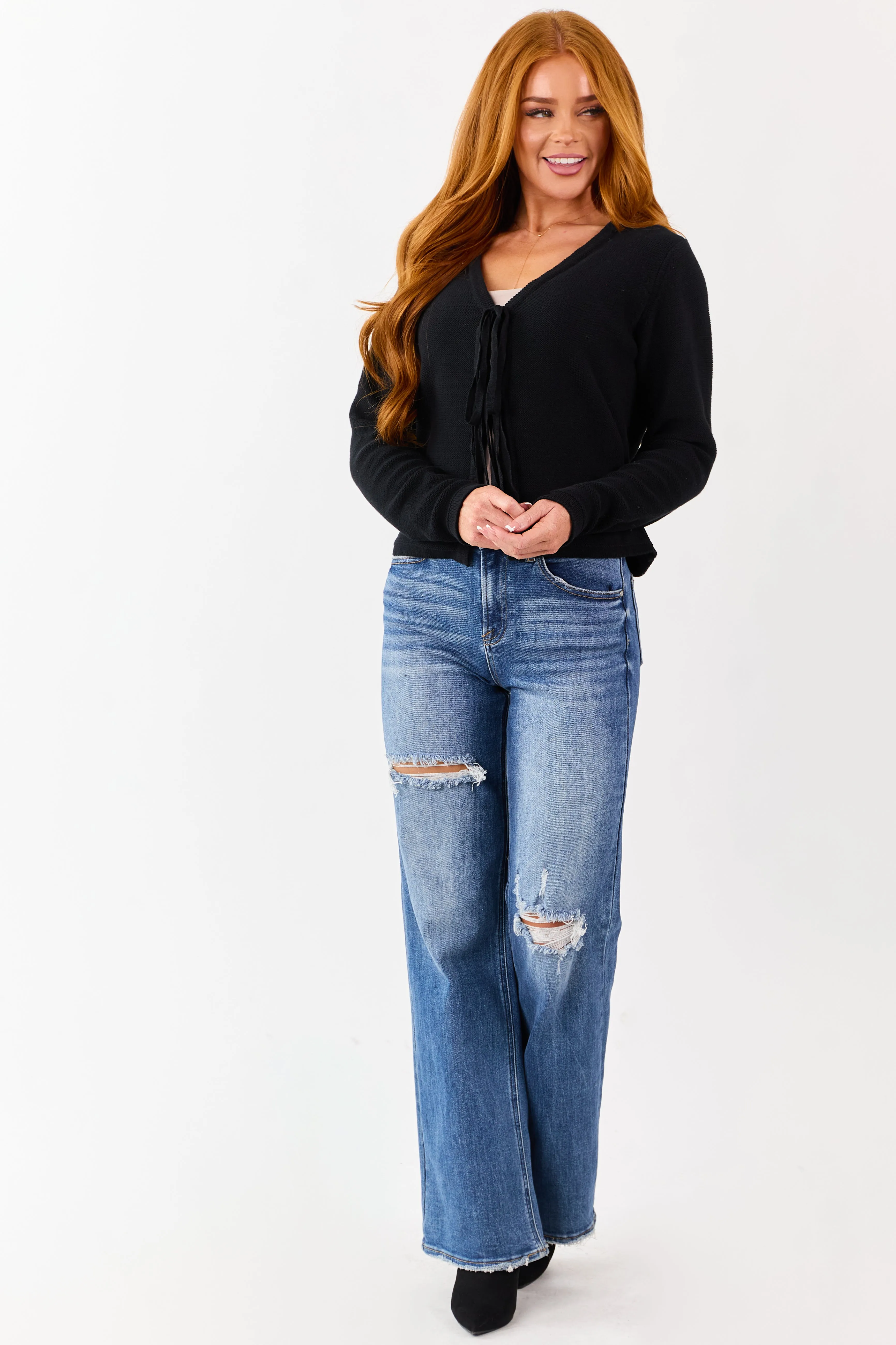 Black Cotton Front Tie Long Sleeve Cardigan sold by Lime Lush product image thumbnail 3