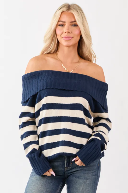 Navy and Cream Striped Off Shoulder Sweater sold by Lime Lush
