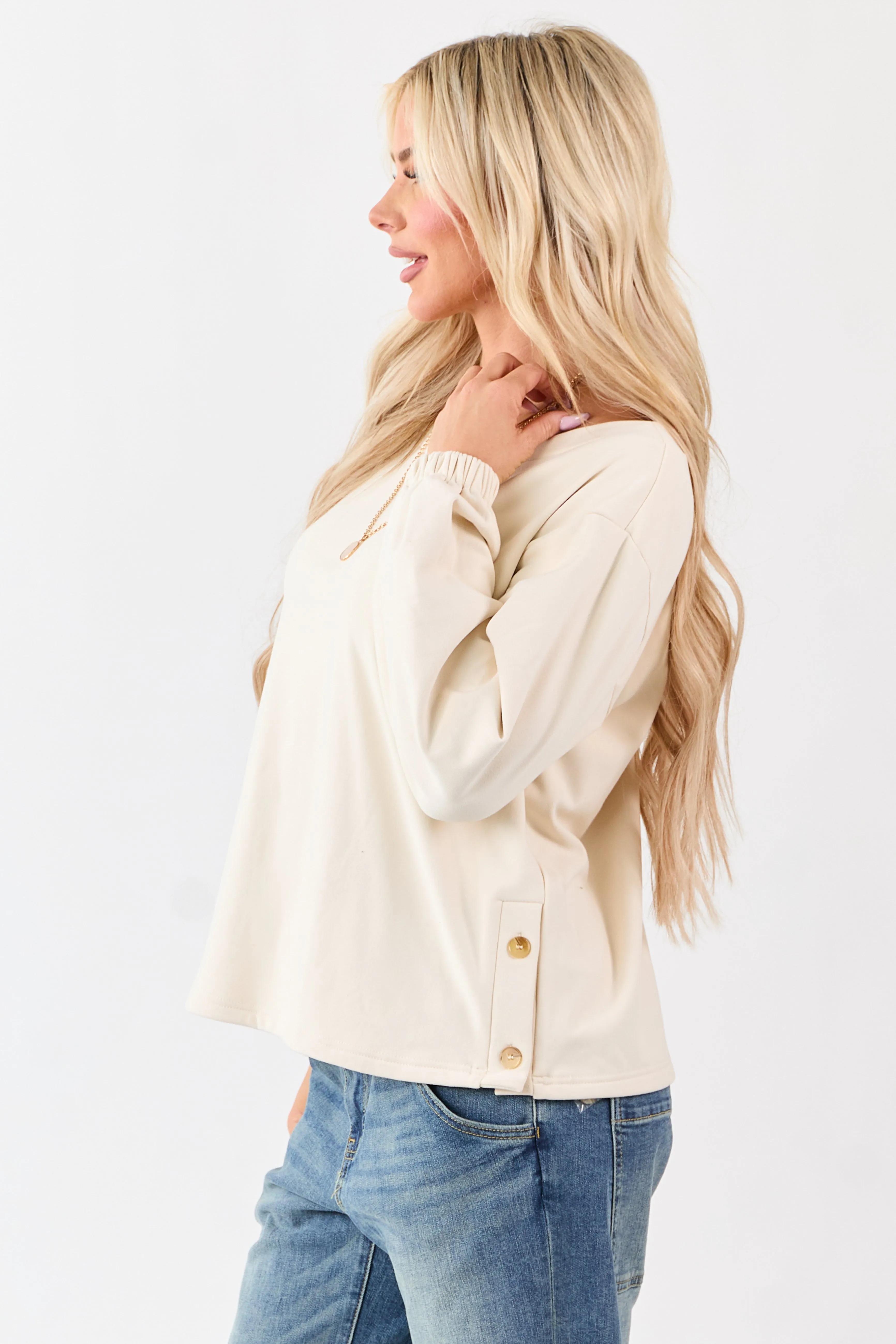Cream Buttoned Side Long Sleeve Soft Knit Top sold by Lime Lush product image thumbnail 4
