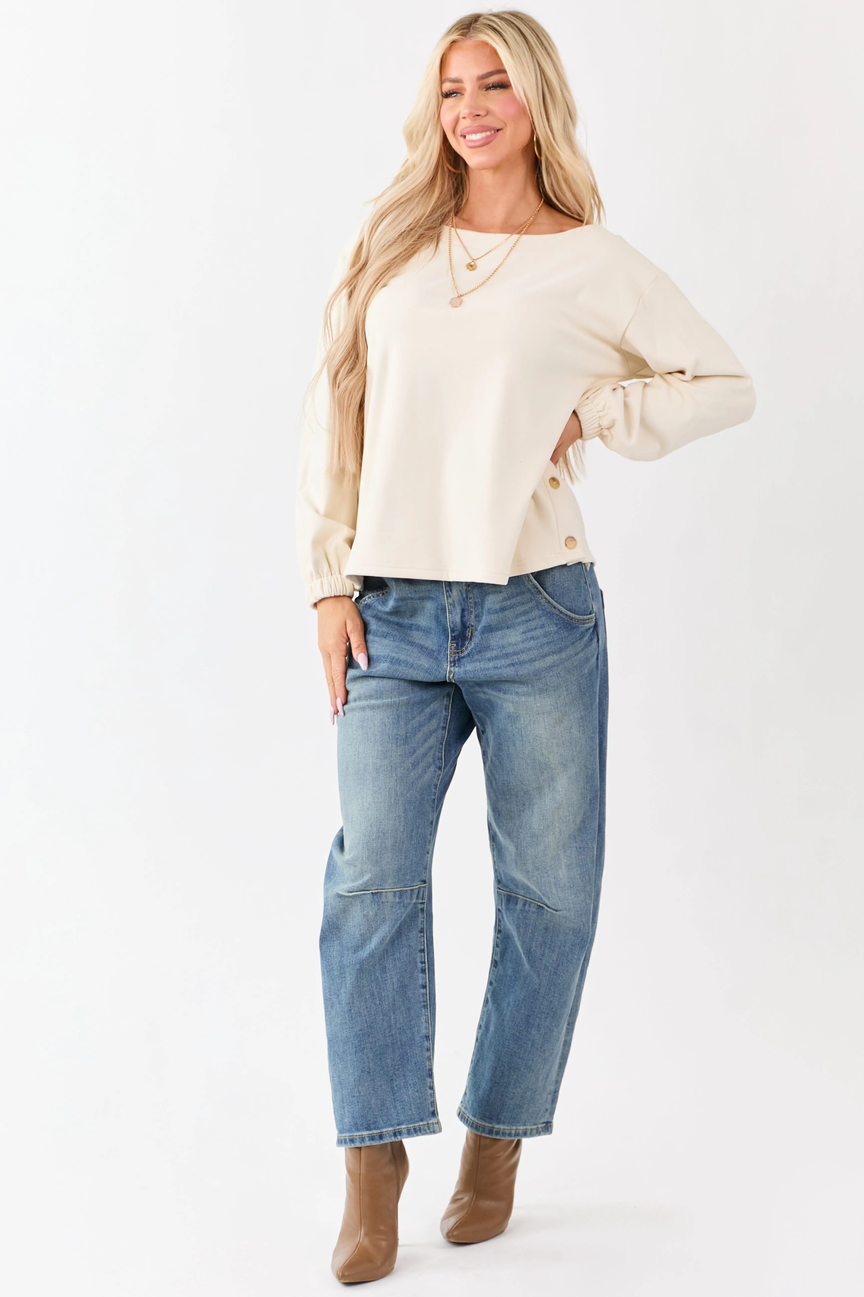 Cream Buttoned Side Long Sleeve Soft Knit Top sold by Lime Lush product image thumbnail 2