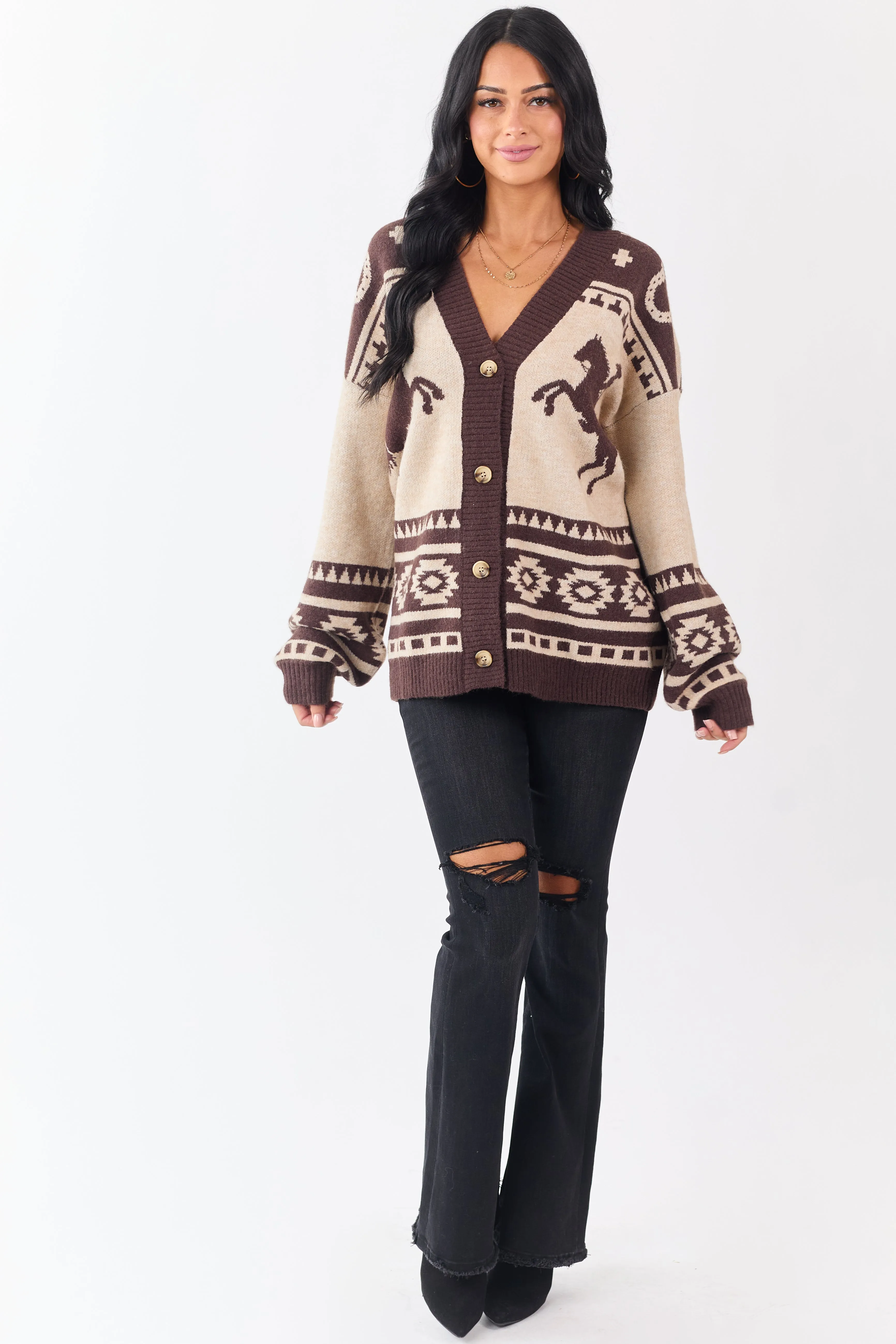 Oatmeal Western Horse Graphic Sweater Cardigan sold by Lime Lush product image thumbnail 3