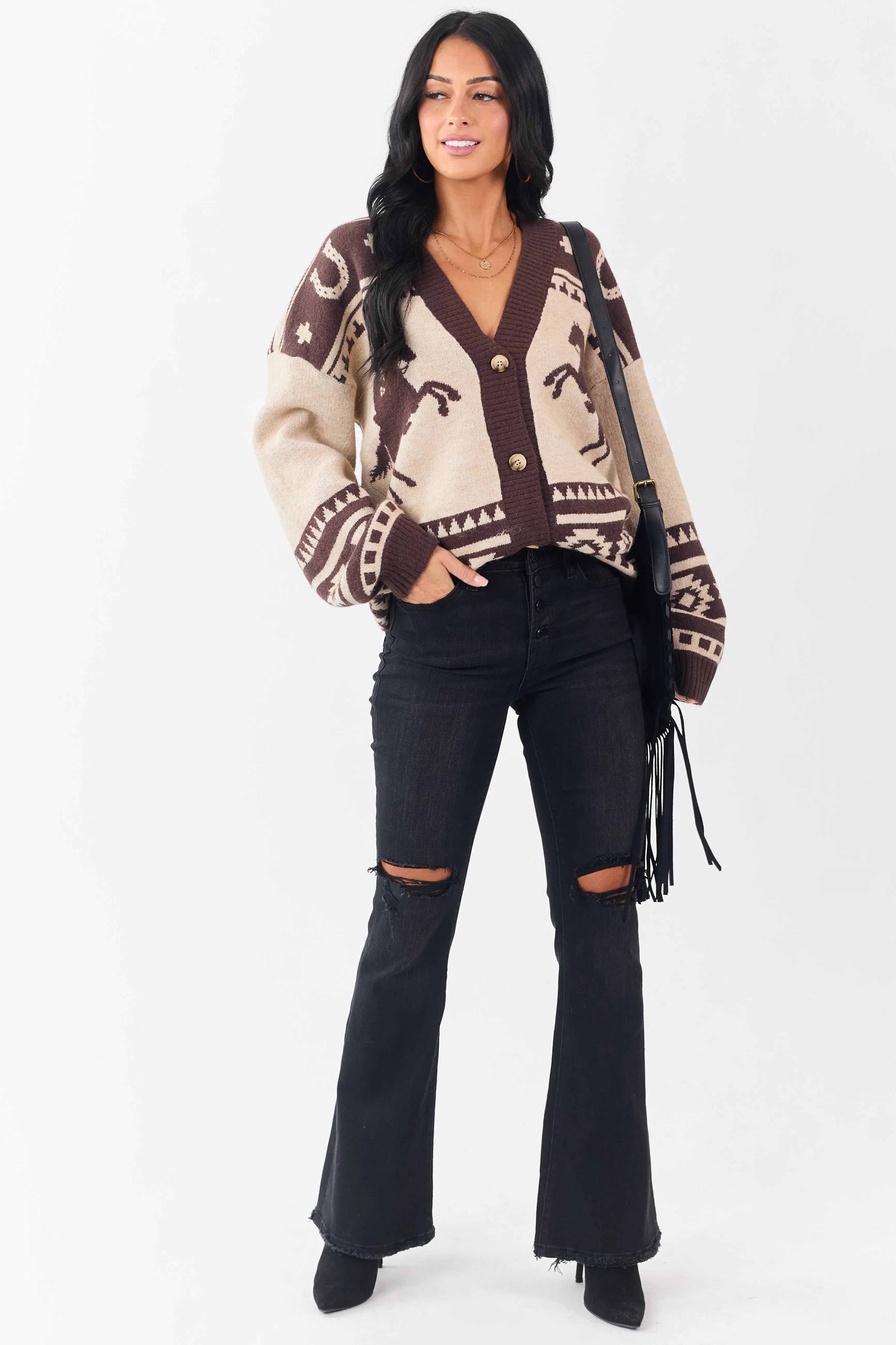 Oatmeal Western Horse Graphic Sweater Cardigan sold by Lime Lush product image thumbnail 4