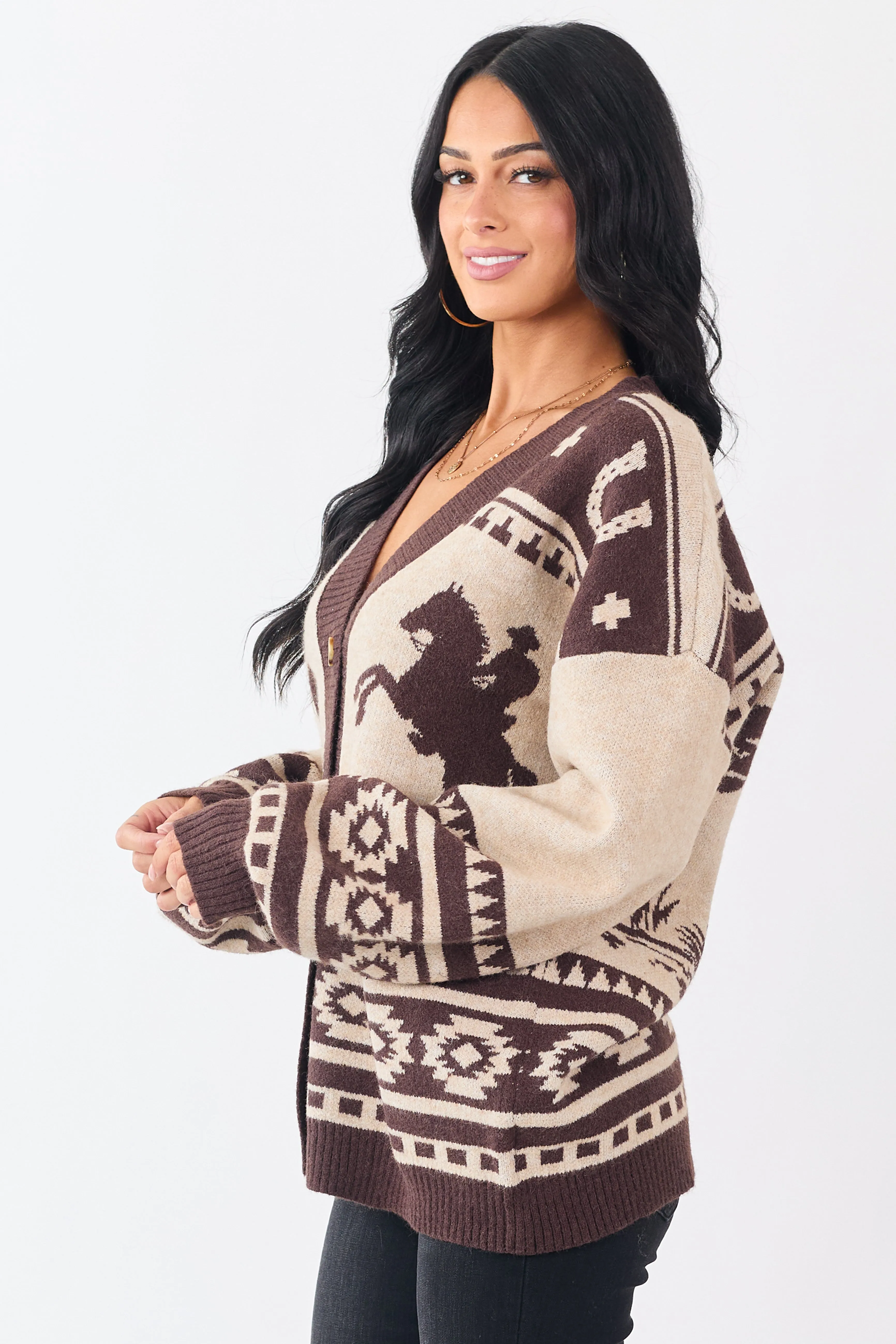 Oatmeal Western Horse Graphic Sweater Cardigan sold by Lime Lush product image thumbnail 5