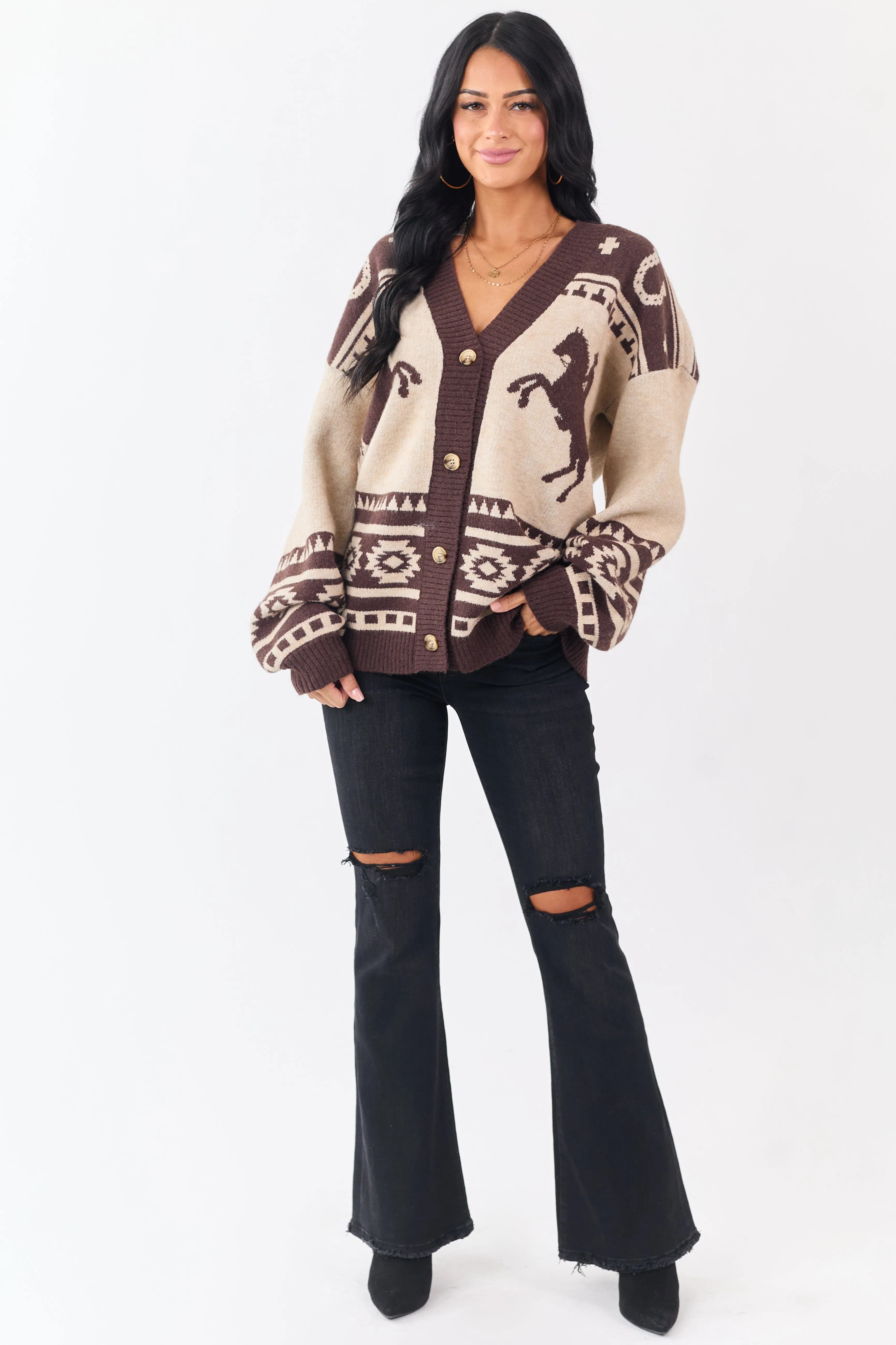 Oatmeal Western Horse Graphic Sweater Cardigan sold by Lime Lush product image thumbnail 2