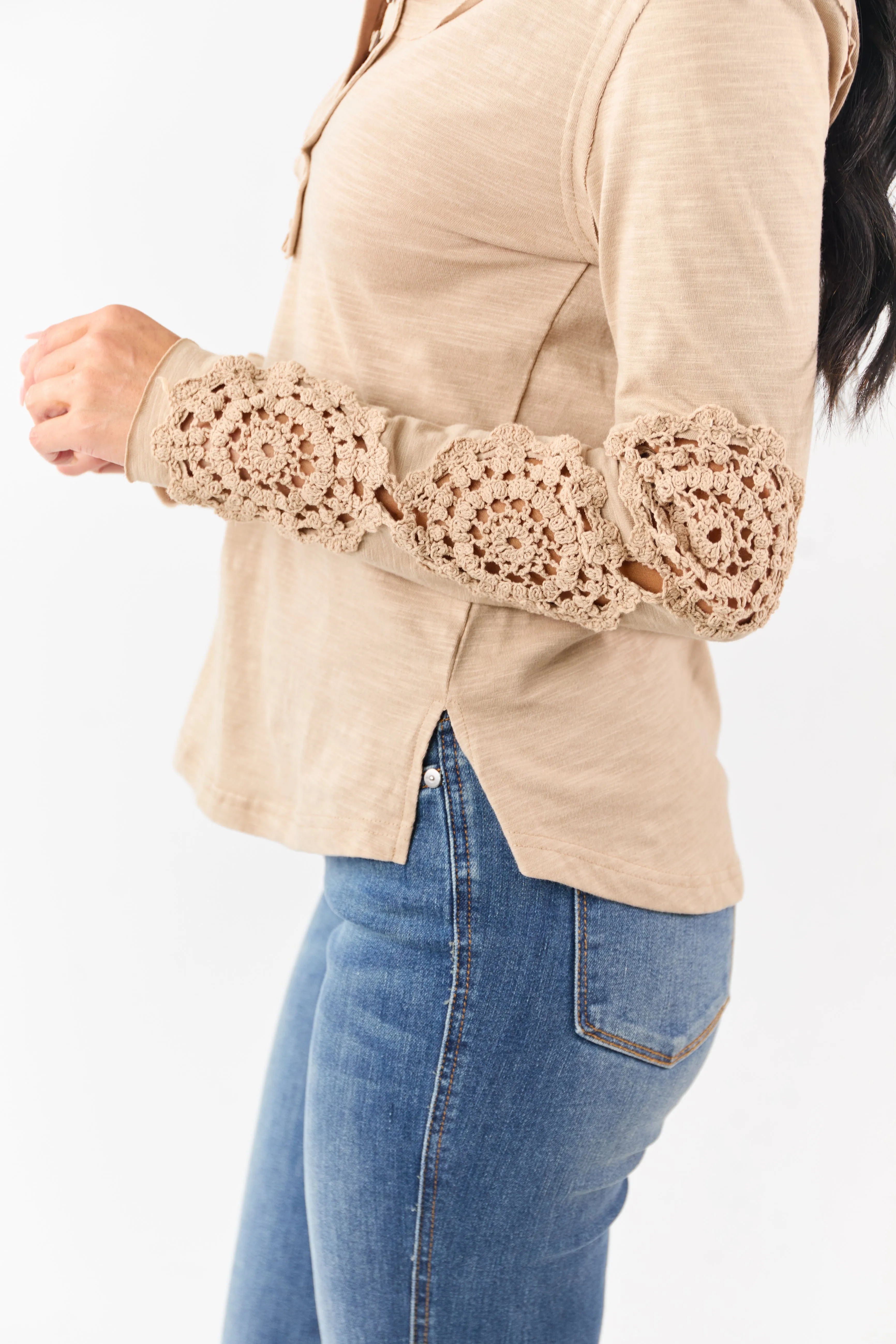 Latte Crochet Lace Sleeve Henley Cotton Top sold by Lime Lush product image thumbnail 2