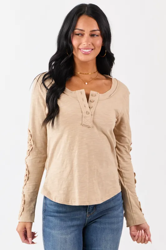 Latte Crochet Lace Sleeve Henley Cotton Top sold by Lime Lush