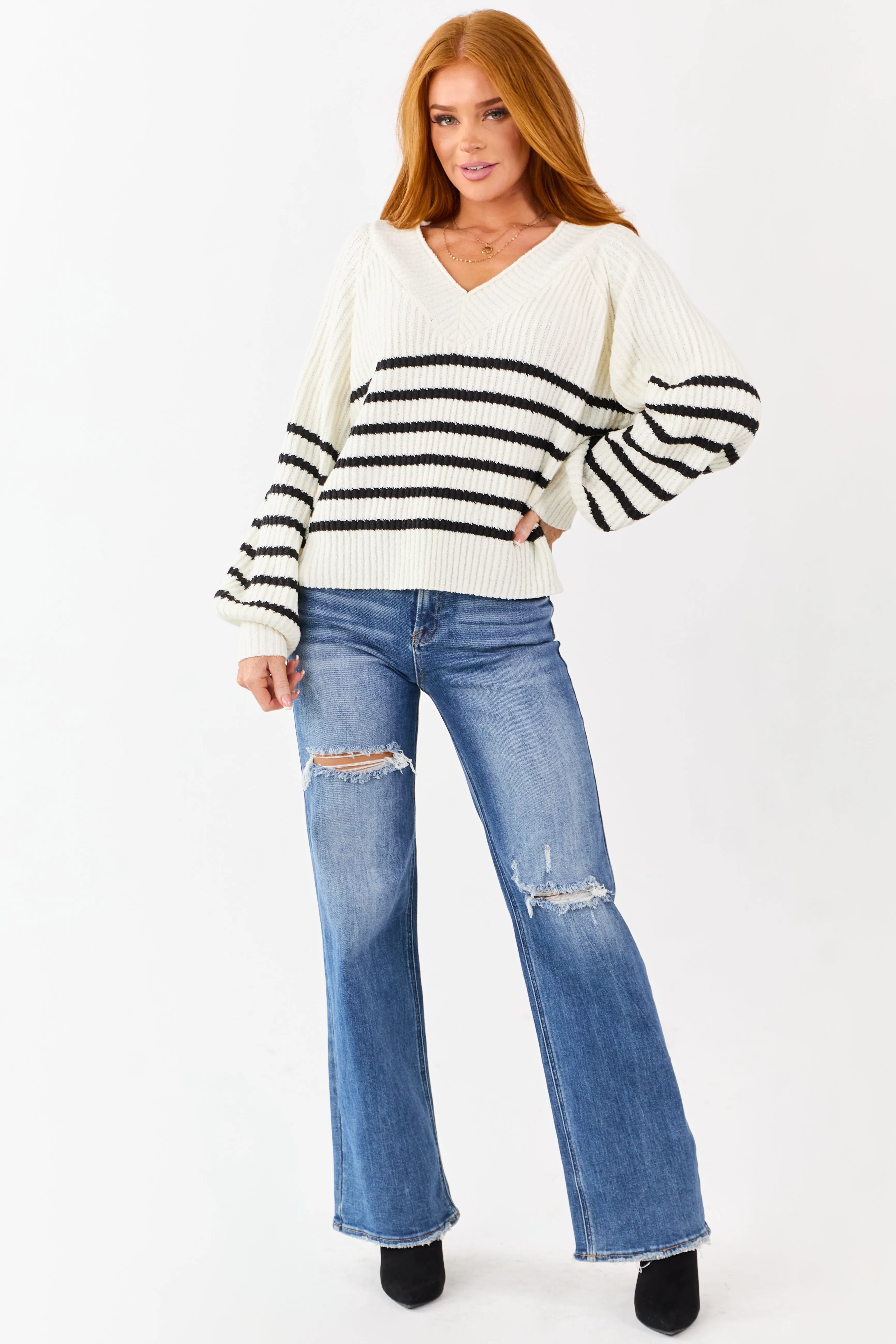 Cream Striped V-Neck Long Puff Sleeve Ribbed Sweater sold by Lime Lush product image thumbnail 2