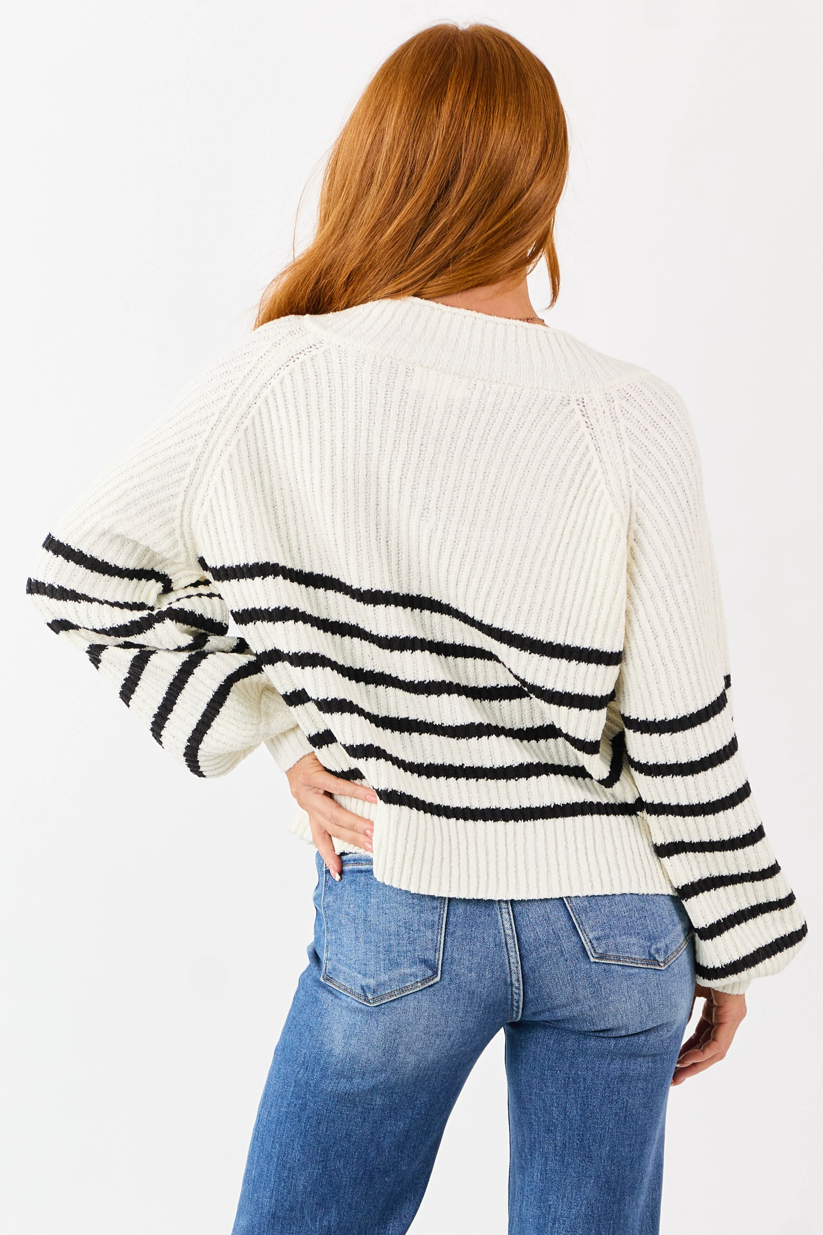Cream Striped V-Neck Long Puff Sleeve Ribbed Sweater sold by Lime Lush product image thumbnail 5