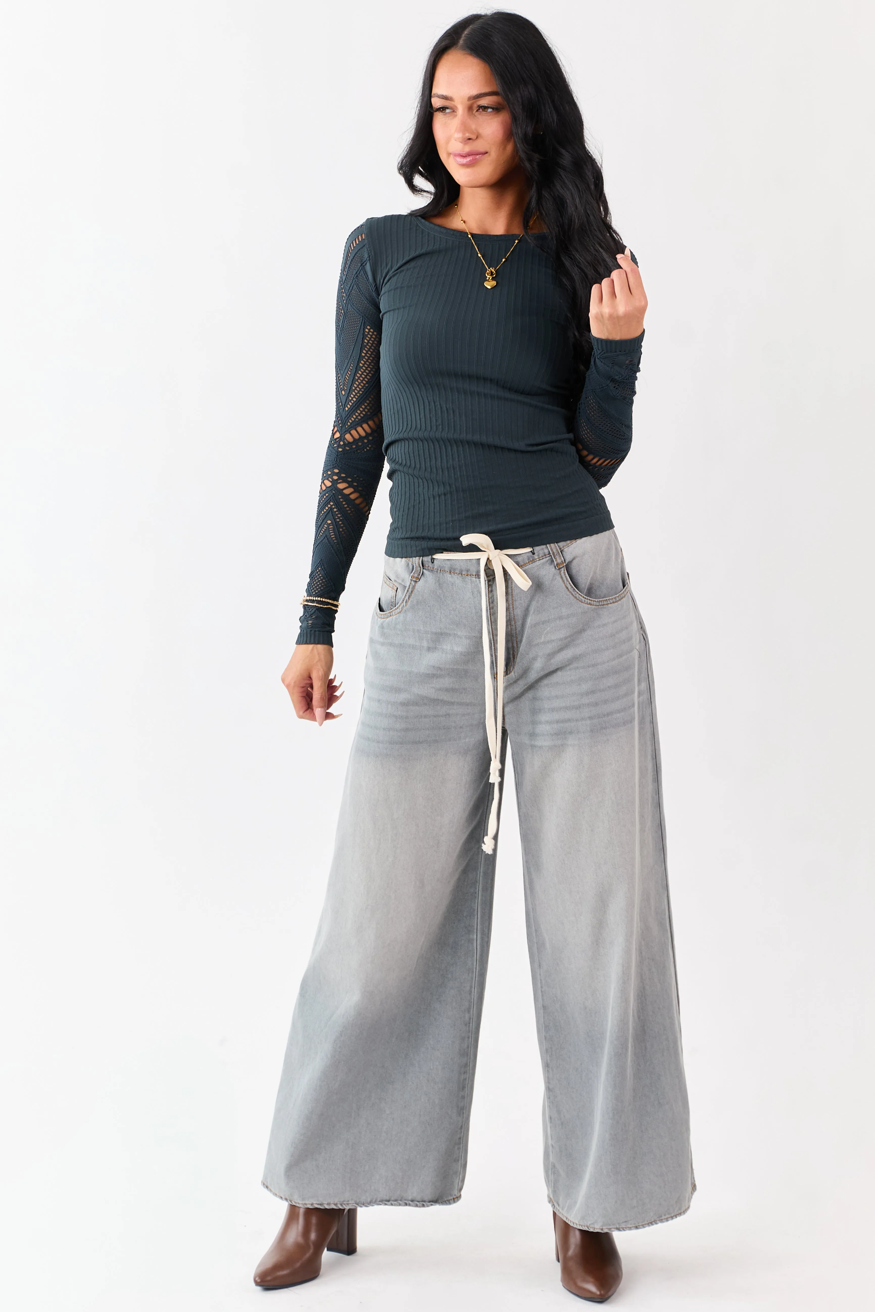 Forest Green Eyelet Sleeve Round Neck Knit Top sold by Lime Lush product image thumbnail 5