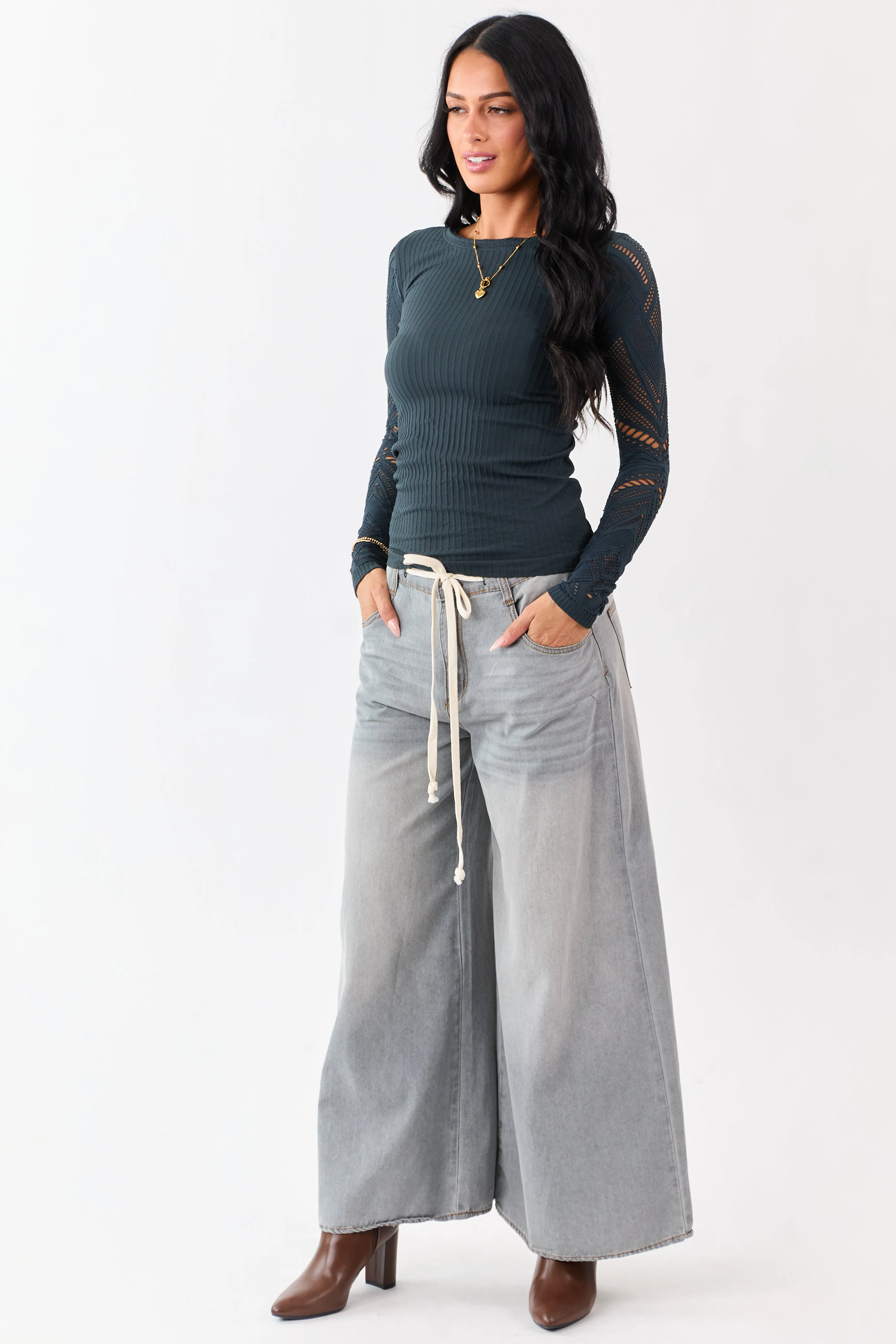 Forest Green Eyelet Sleeve Round Neck Knit Top sold by Lime Lush product image thumbnail 2