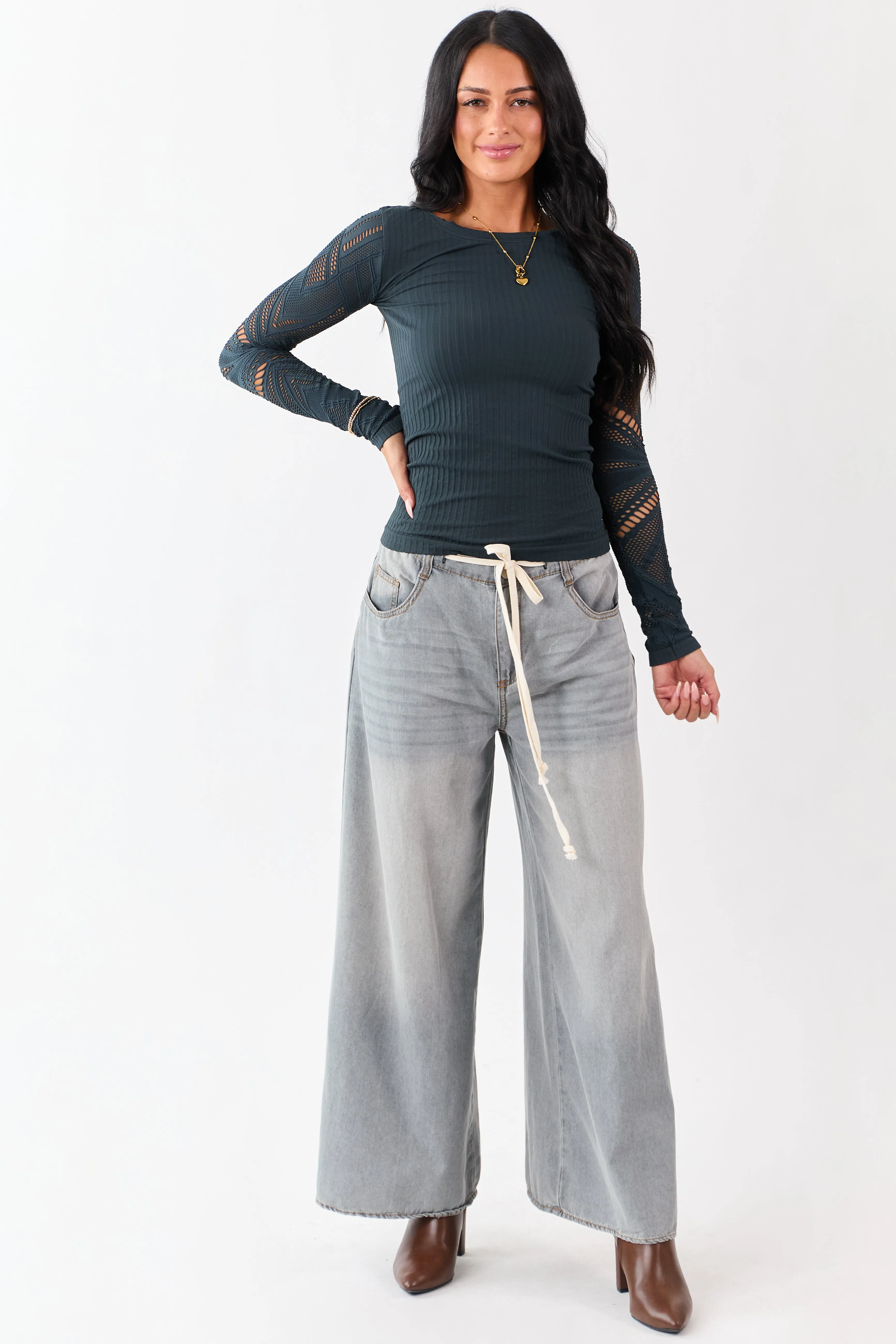 Forest Green Eyelet Sleeve Round Neck Knit Top sold by Lime Lush product image thumbnail 3