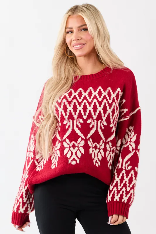 Ruby and Cream Fair Isle Pattern Relaxed Sweater made by Very J