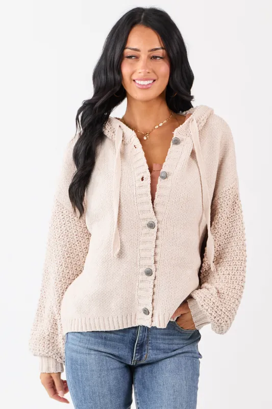 Mello Almond Waffle Knit Hooded Sweater Cardigan sold by Lime Lush
