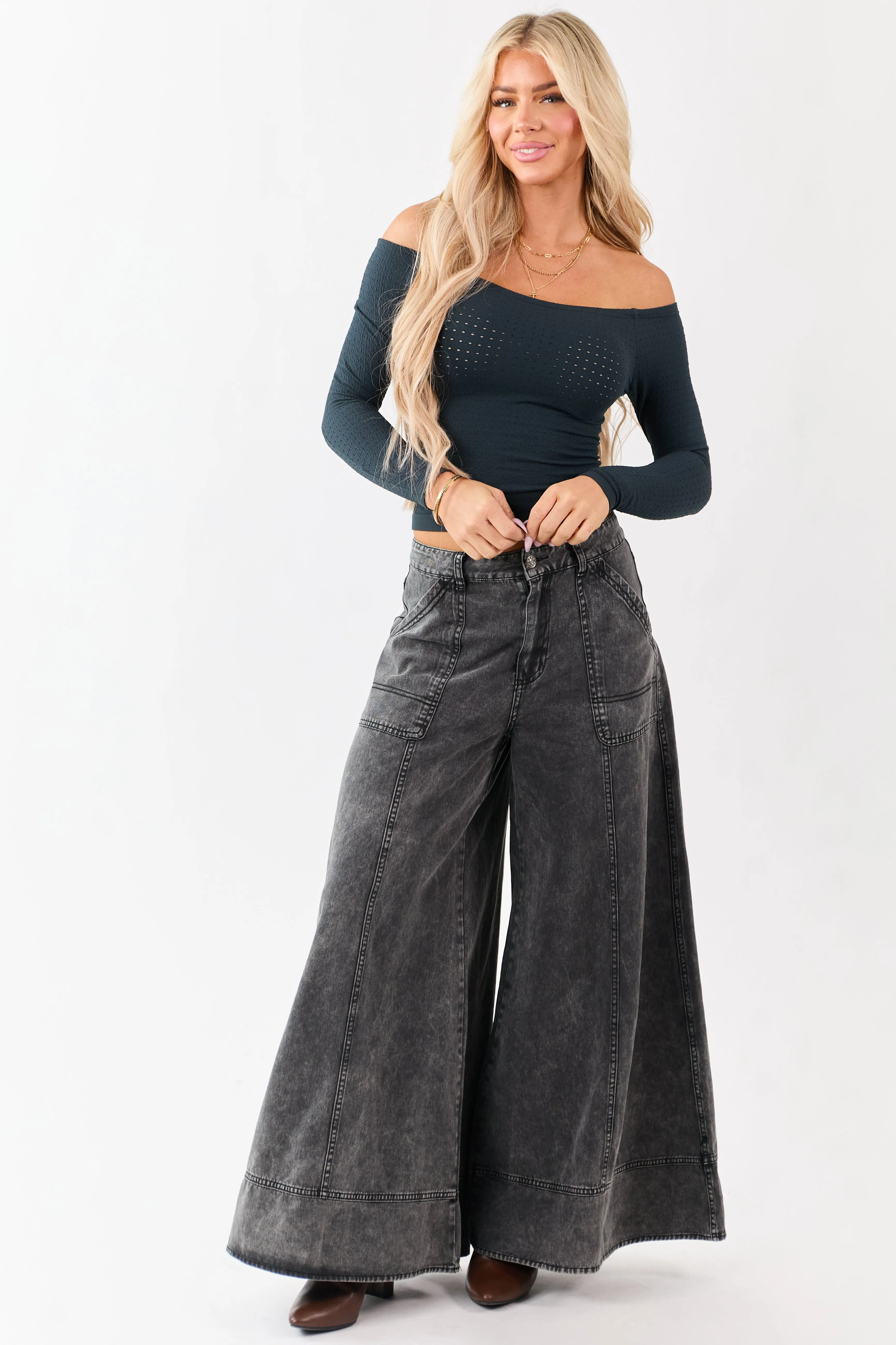 Forest Green Pointelle Off Shoulder Long Sleeve Top sold by Lime Lush product image thumbnail 3