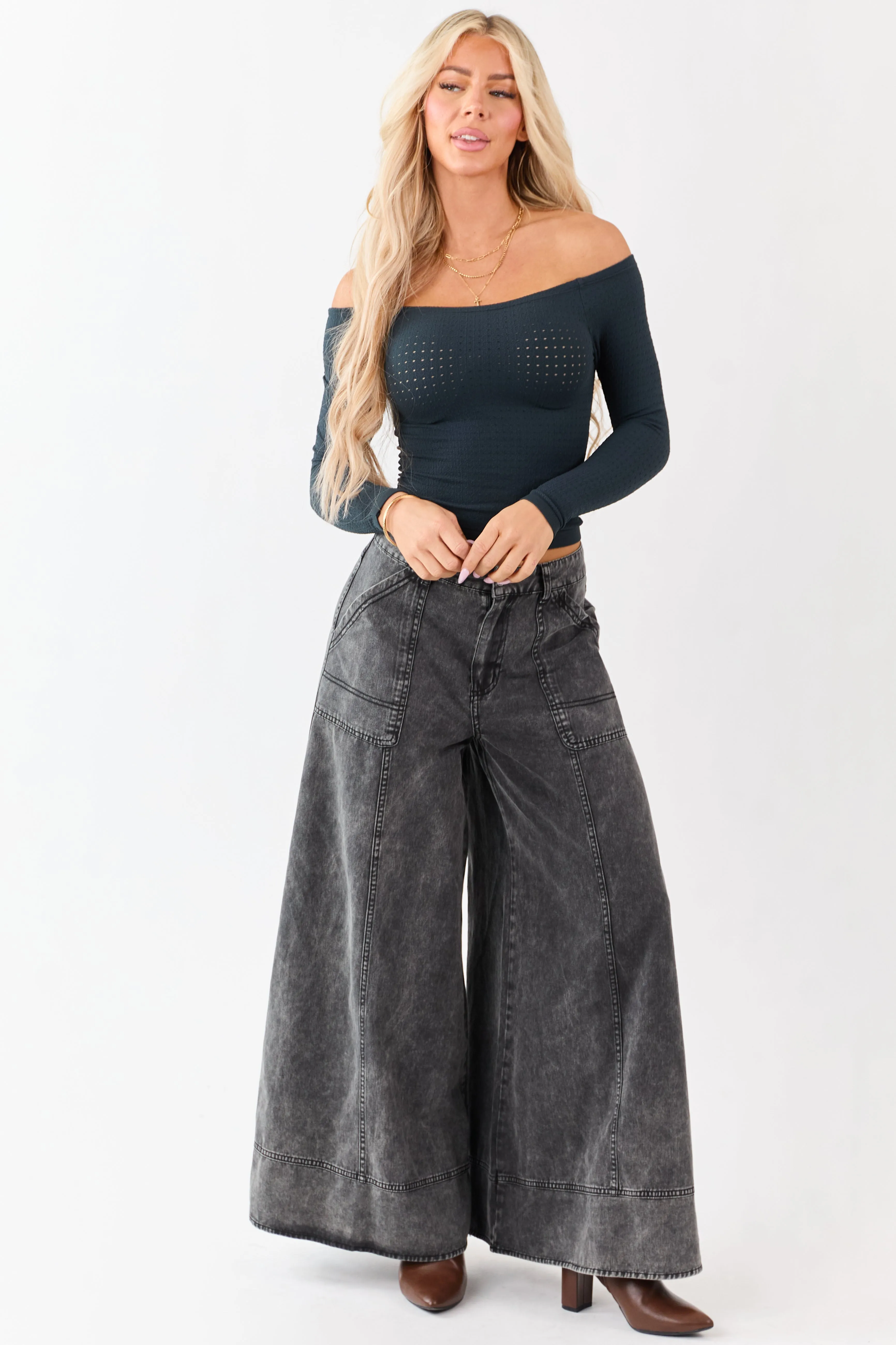 Forest Green Pointelle Off Shoulder Long Sleeve Top sold by Lime Lush product image thumbnail 2