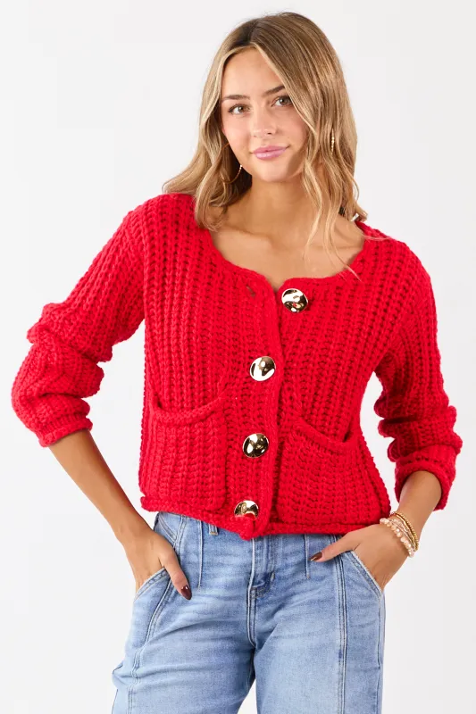 Lipstick Chunky Rib Knit Button Down Cardigan sold by Lime Lush