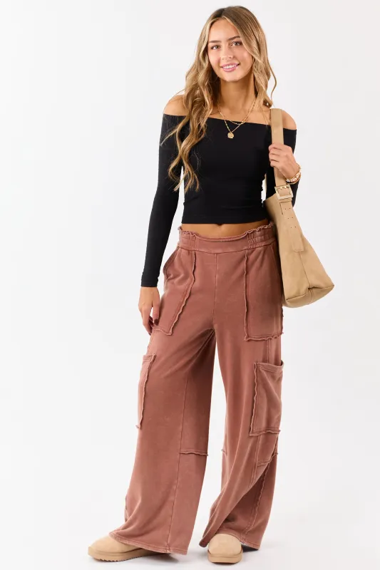 Chestnut Mineral Wash Raw Seam Cargo Sweatpants sold by Lime Lush