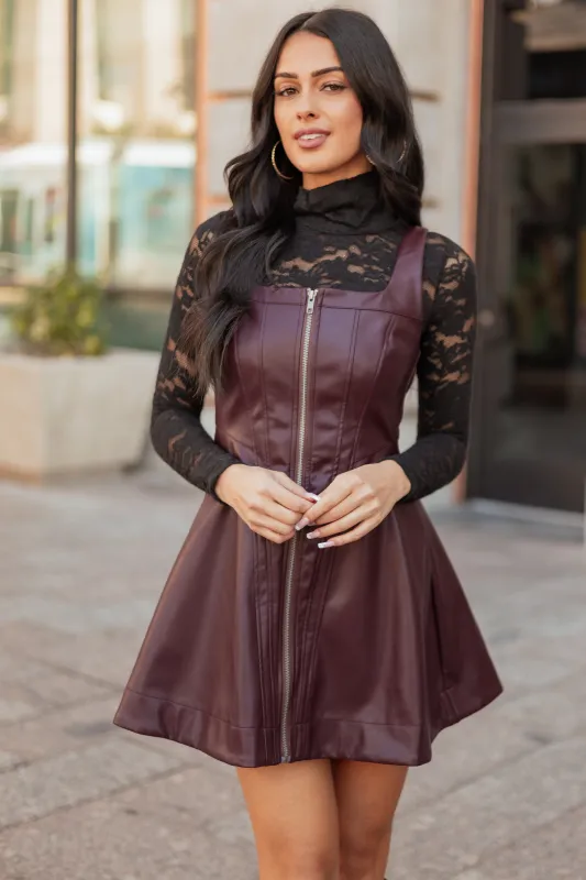 Dark Marsala Faux Leather Front Zipper Mini Dress sold by Lime Lush