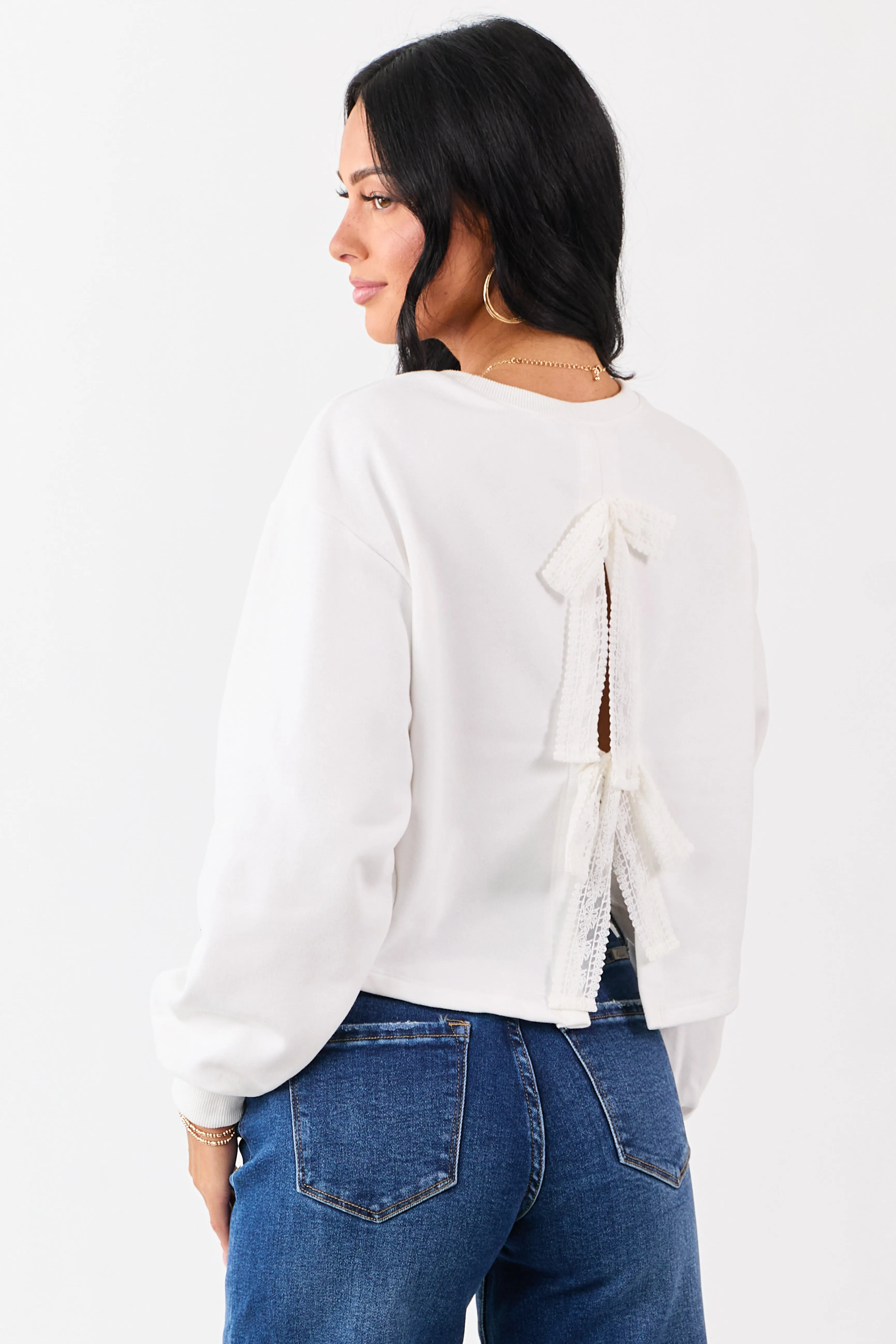 White Back Slit Lace Bow Boxy Sweatshirt Top sold by Lime Lush