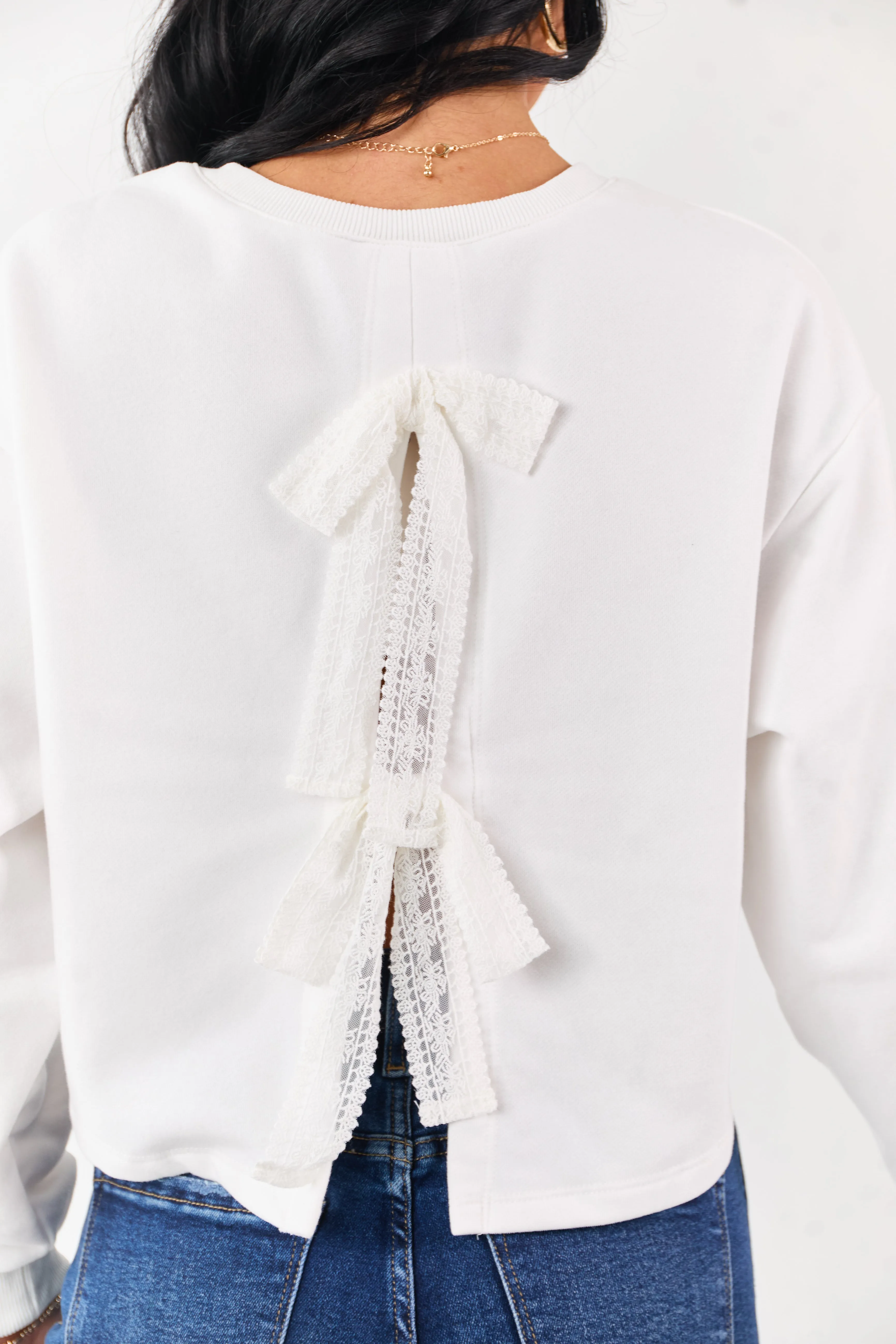 White Back Slit Lace Bow Boxy Sweatshirt Top sold by Lime Lush product image thumbnail 2