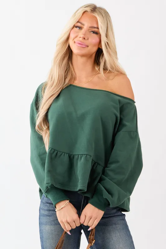 Hunter Green One Shoulder Peplum Relaxed Sweatshirt Top made by Papermoon