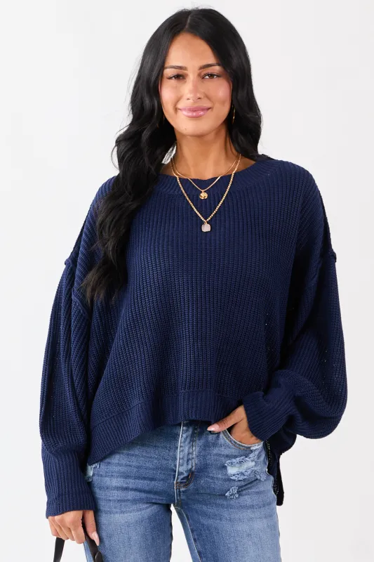 Navy Rib Knit High-Low Hem Balloon Sleeve Sweater sold by Lime Lush