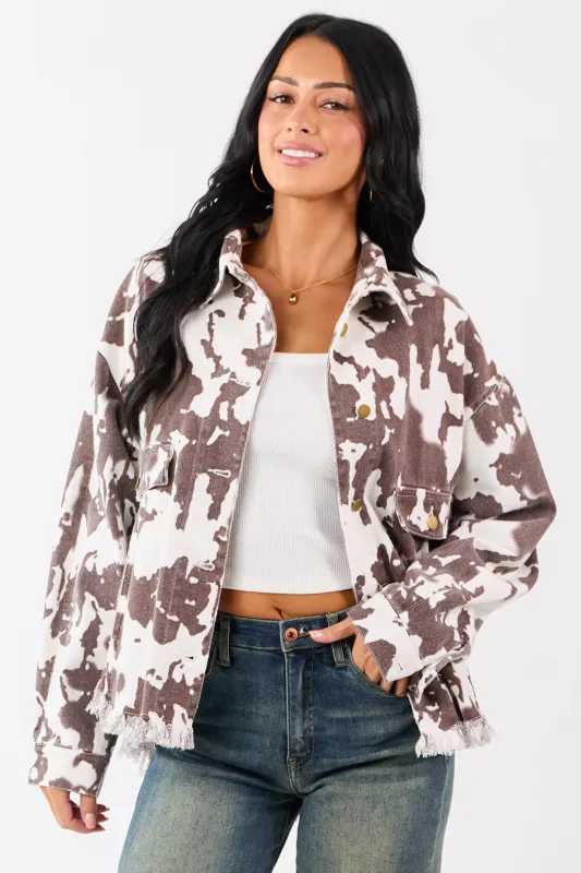 Cocoa Cow Print Denim Fringe Hem Button Down Shacket made by privy