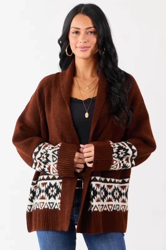 Dark Spice Aztec Pattern Open Front Knit Cardigan sold by Lime Lush