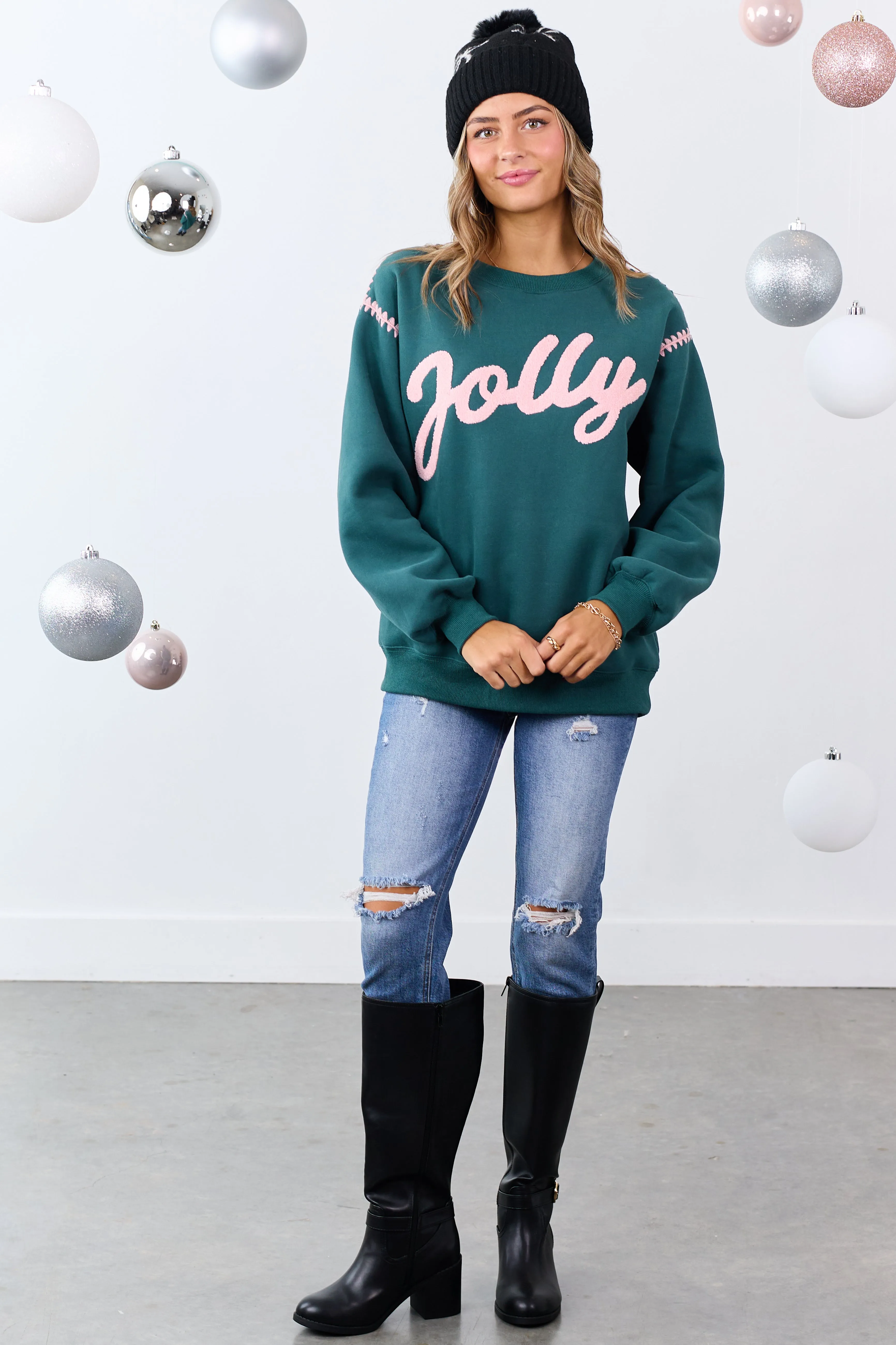 Pine 'Jolly' Graphic Contrast Stitching Sweatshirt sold by Lime Lush product image thumbnail 3