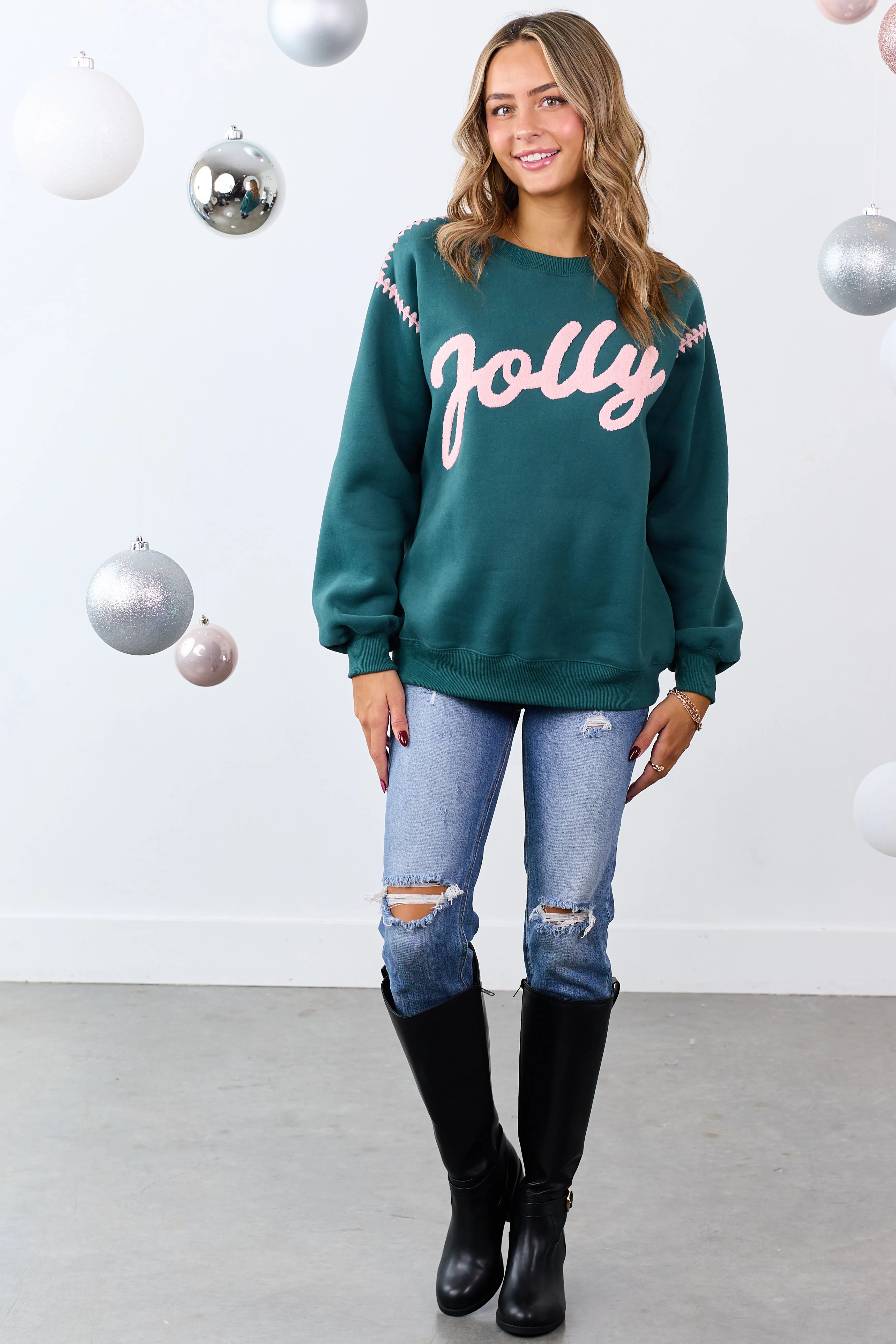 Pine 'Jolly' Graphic Contrast Stitching Sweatshirt sold by Lime Lush product image thumbnail 4