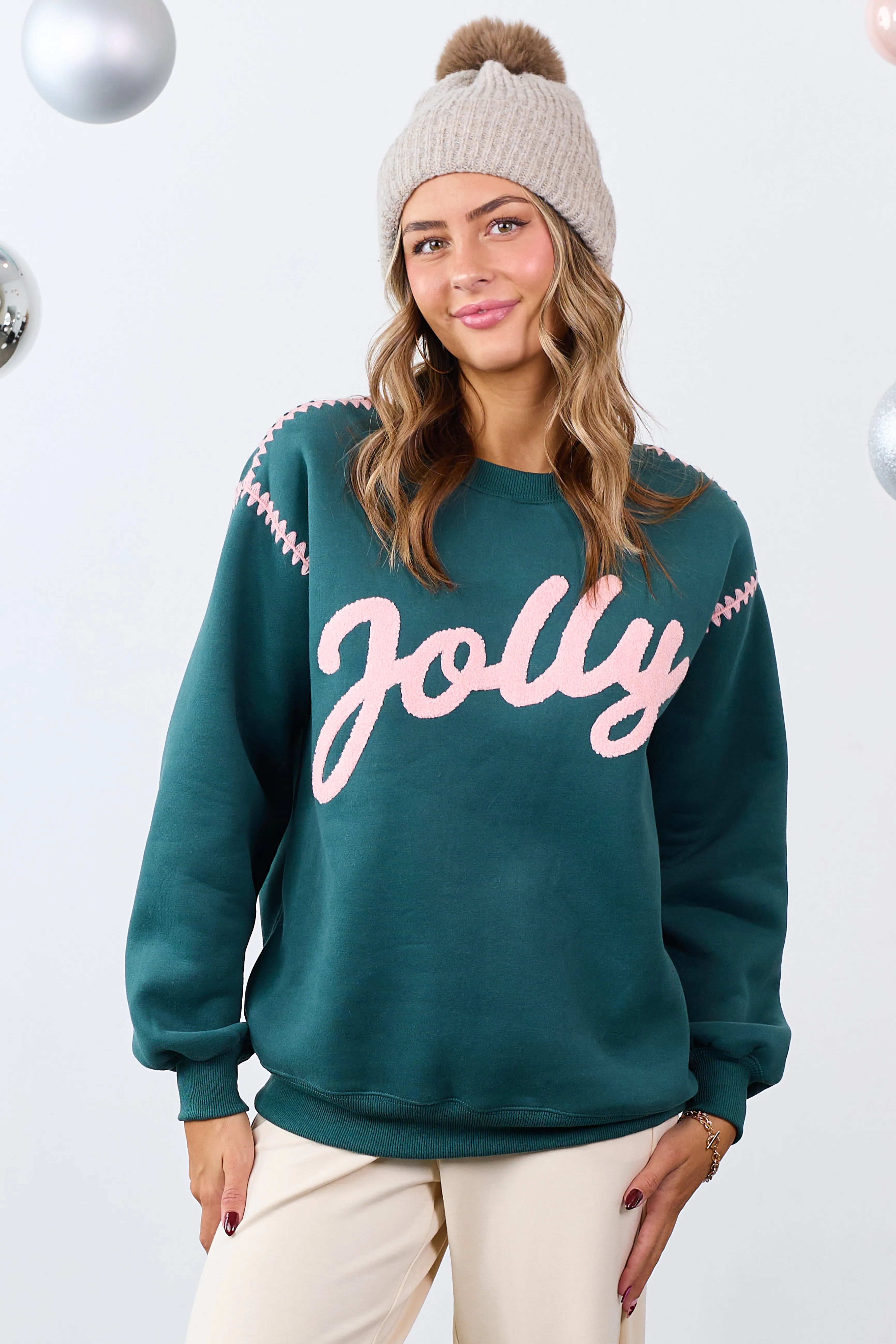 Pine 'Jolly' Graphic Contrast Stitching Sweatshirt sold by Lime Lush
