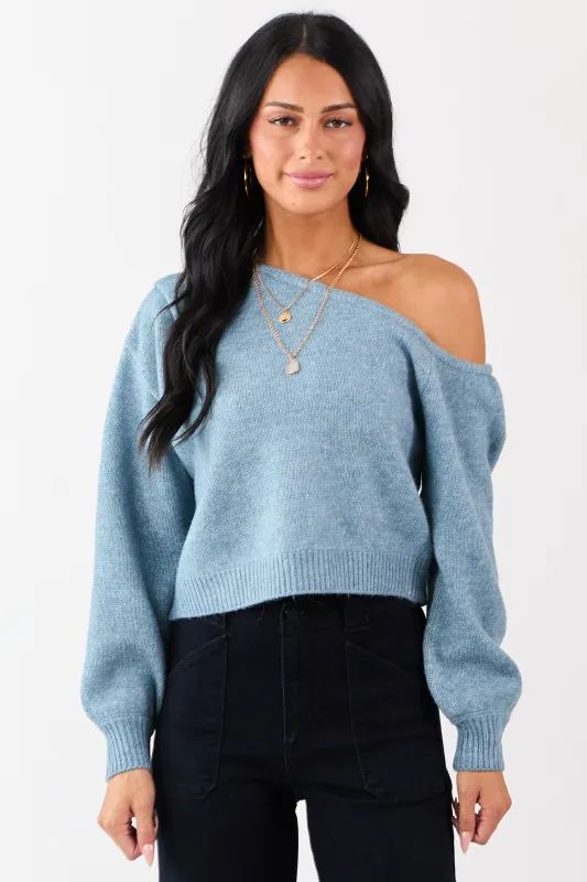 Heathered Ocean Asymmetrical One Shoulder Sweater sold by Lime Lush