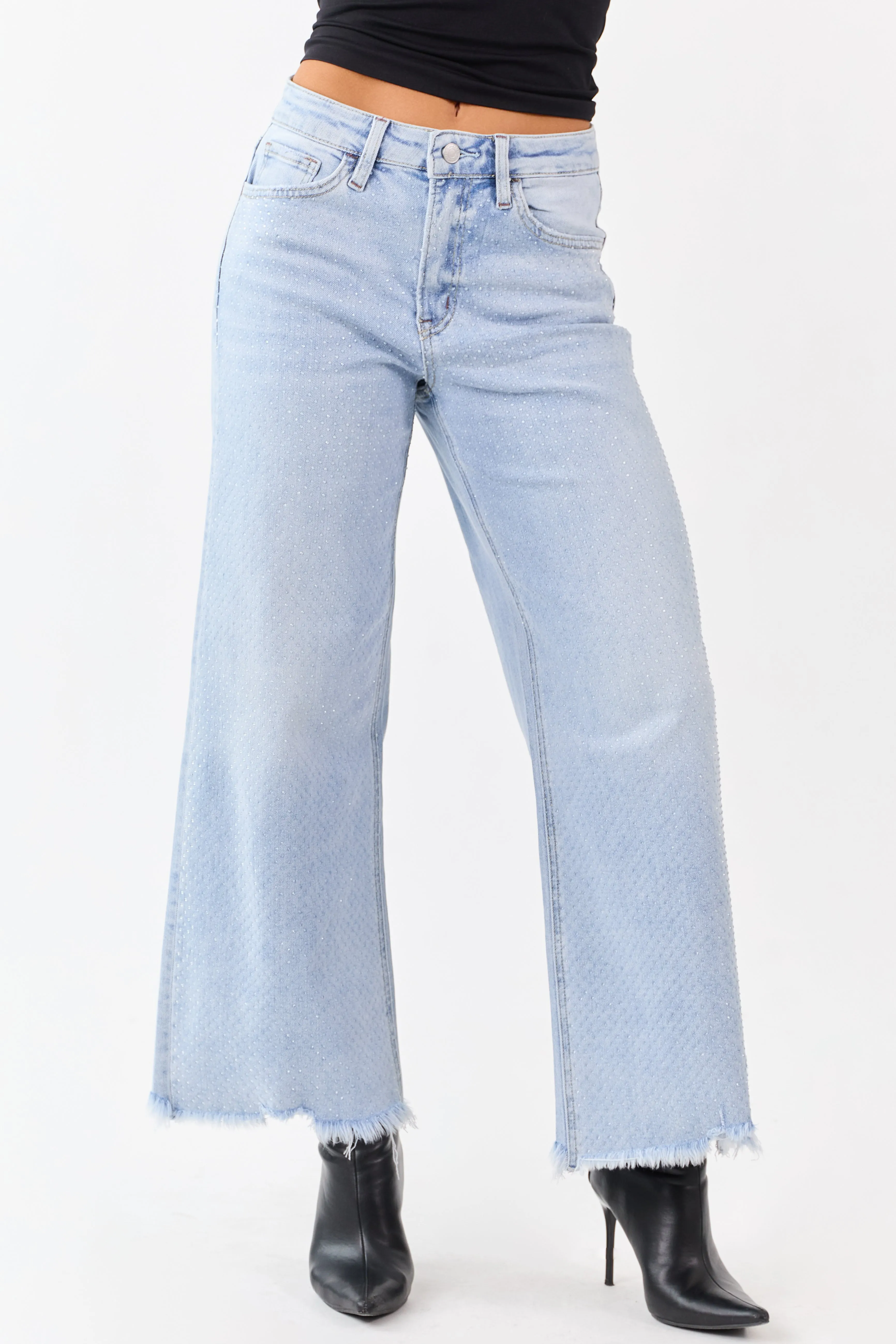 Vervet Light Wash Rhinestone Wide Leg Stretch Jeans sold by Lime Lush